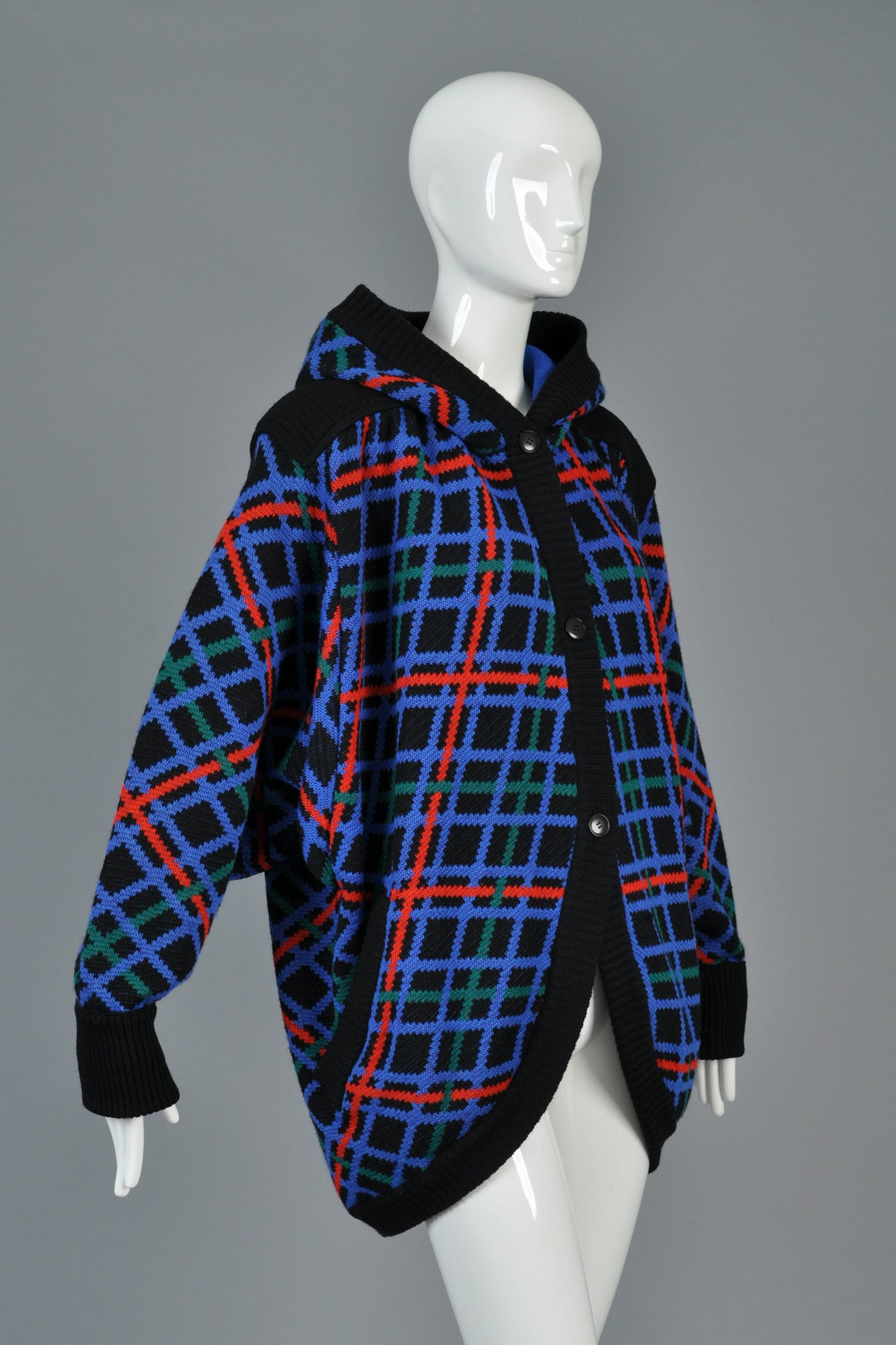 Yves Saint Laurent 1980s Plaid Hooded Knit Cocoon Jacket 2