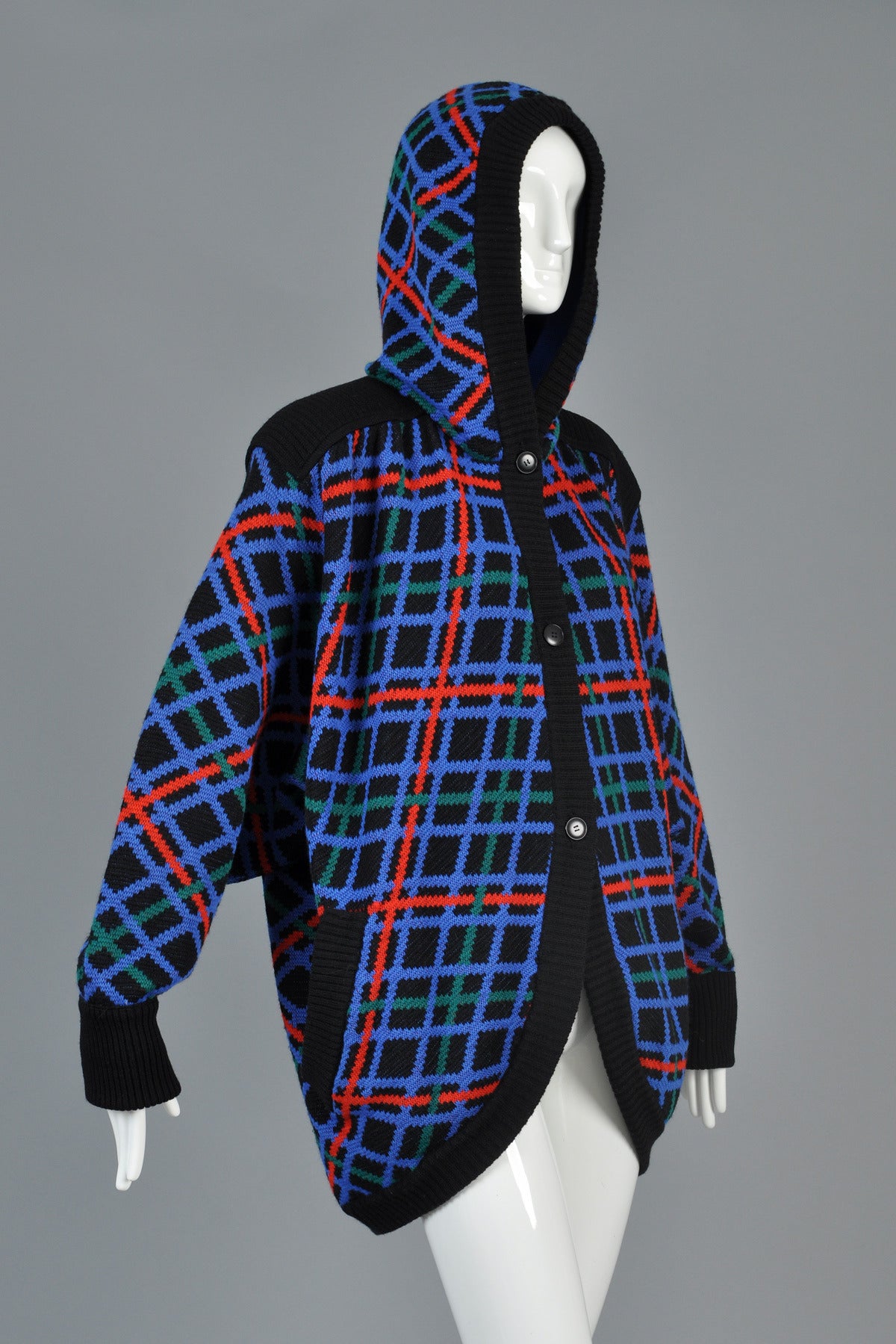 Yves Saint Laurent 1980s Plaid Hooded Knit Cocoon Jacket 3