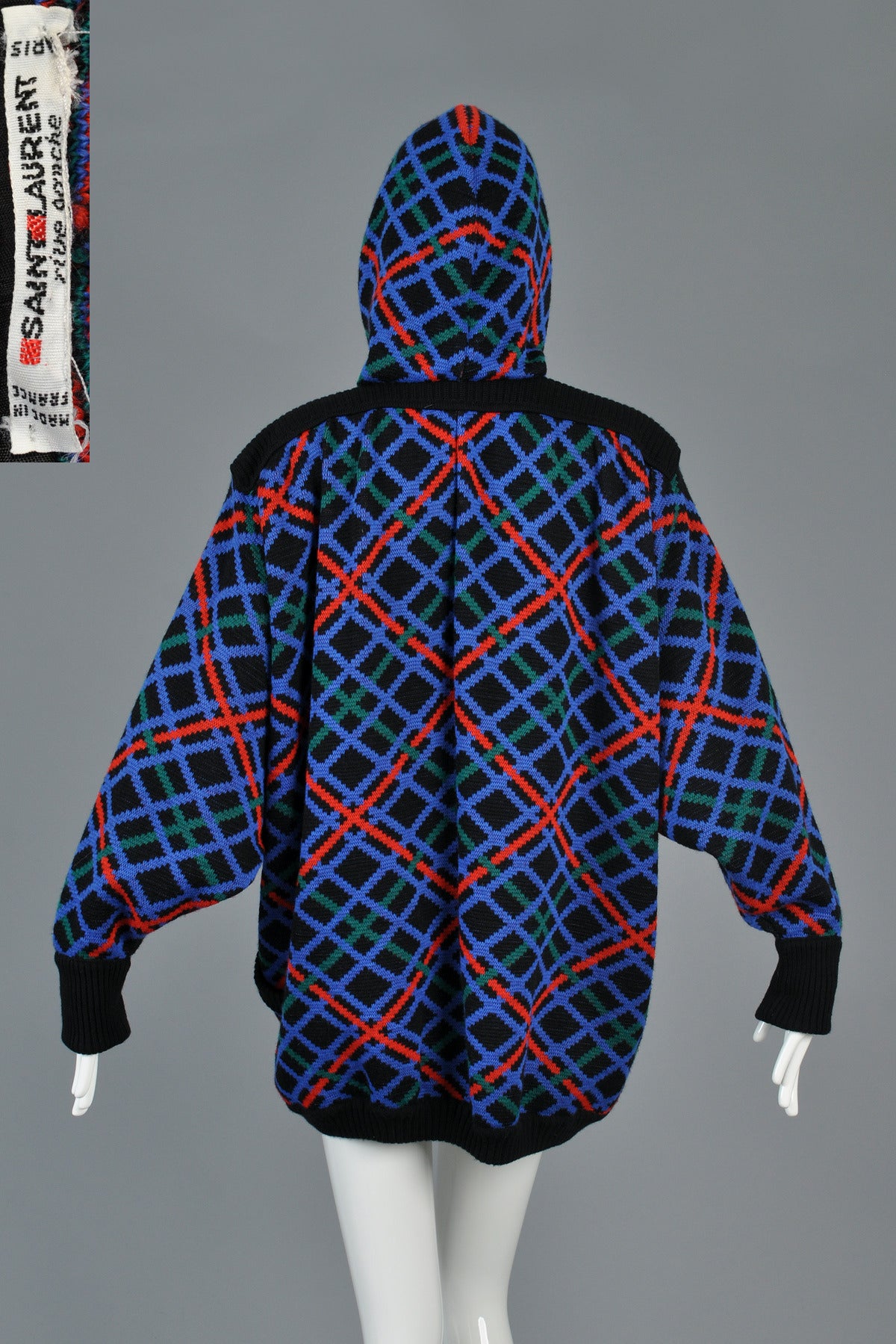 Yves Saint Laurent 1980s Plaid Hooded Knit Cocoon Jacket 6