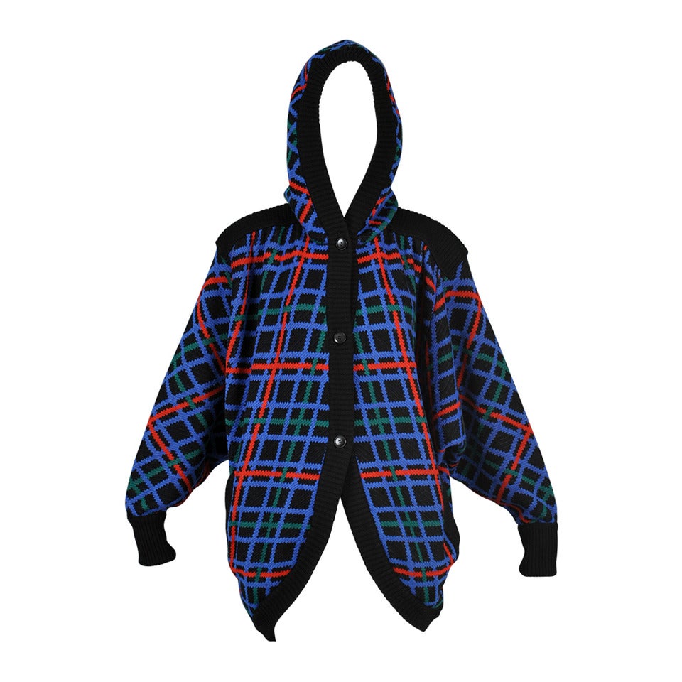 Yves Saint Laurent 1980s Plaid Hooded Knit Cocoon Jacket
