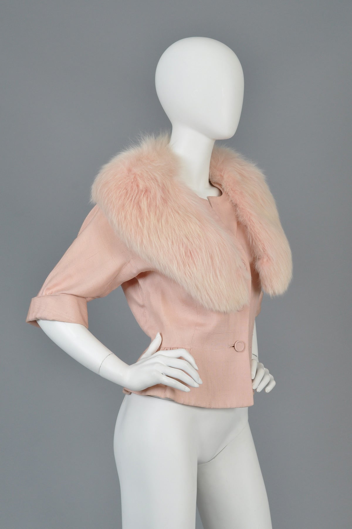 1950s Silk Jacket with Pink Fox Fur Collar 1