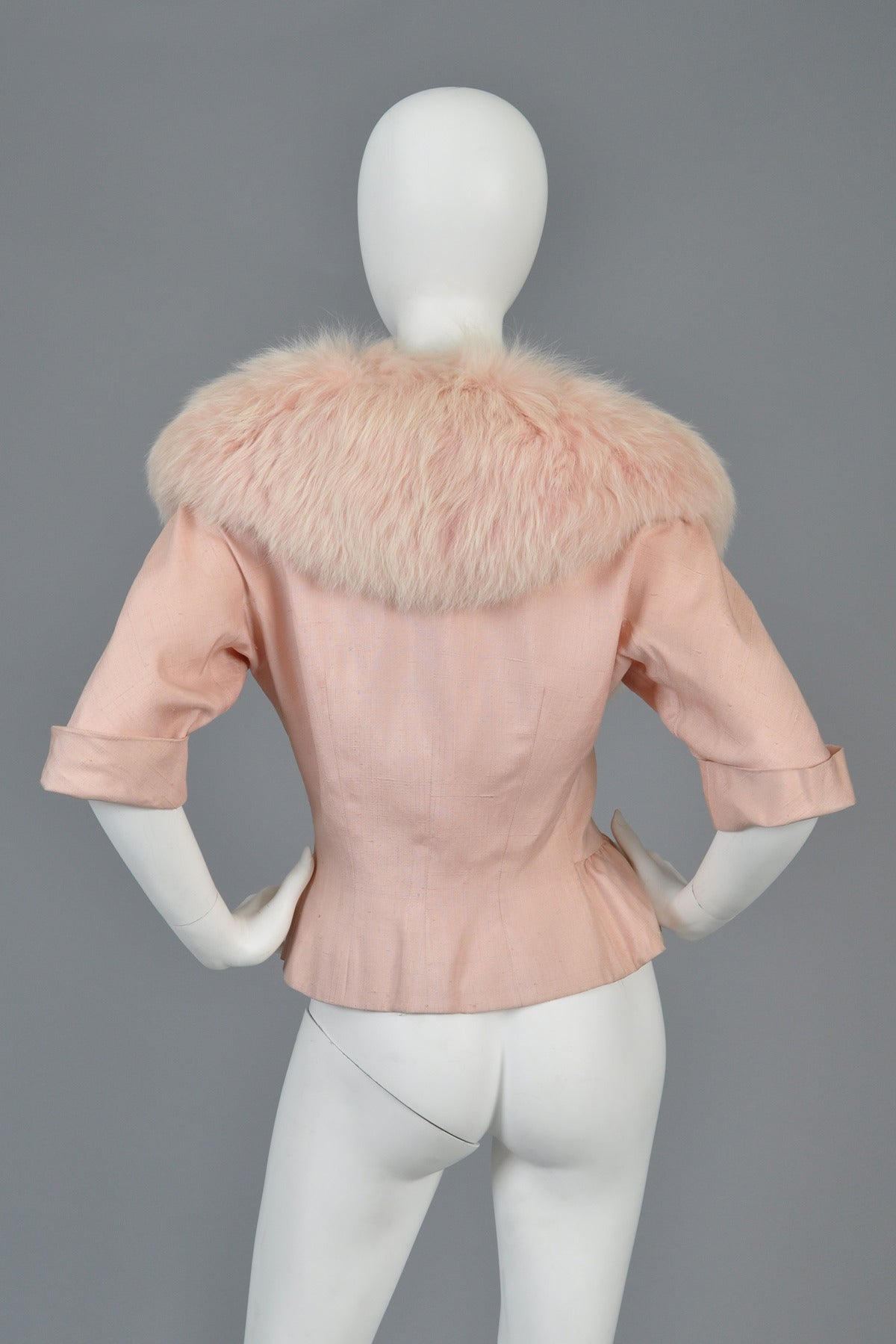 1950s Silk Jacket with Pink Fox Fur Collar 3