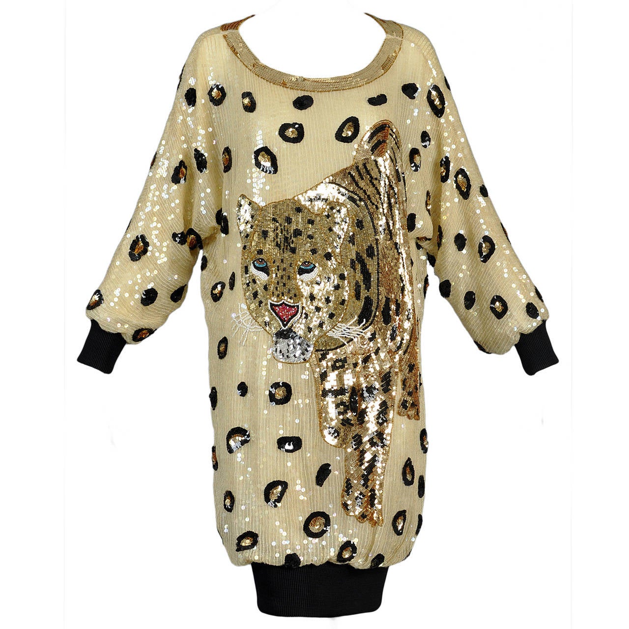 Sequin Encrusted Cocoon Dress with Leopard Motif
