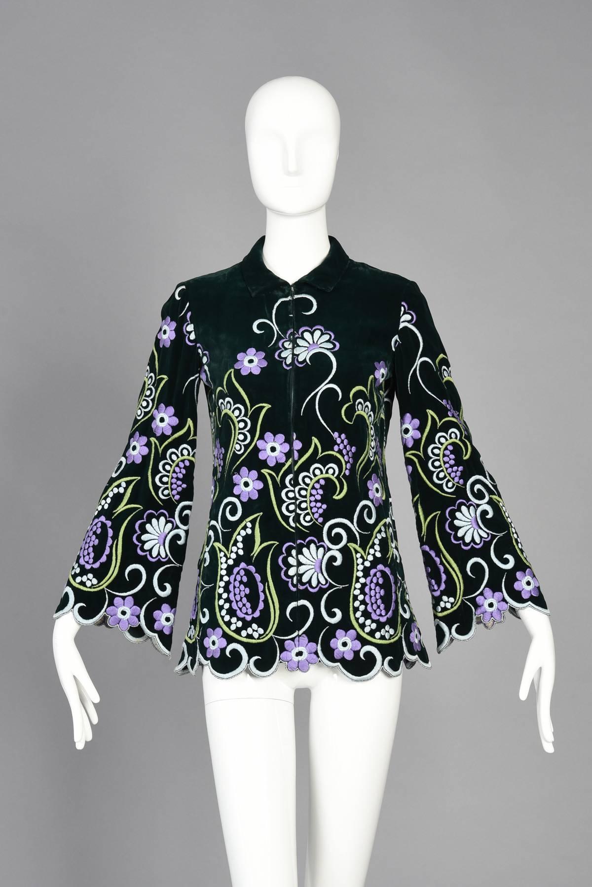 Ultimate vintage Valentino! 1960s Valentino Boutique embroidered bohemian top. Deep deep green velvet bodice with incredible bright floral embroidery. Scalloped hem + huge bell sleeves. Zip front. Meant to be worn as a top but could easily open up