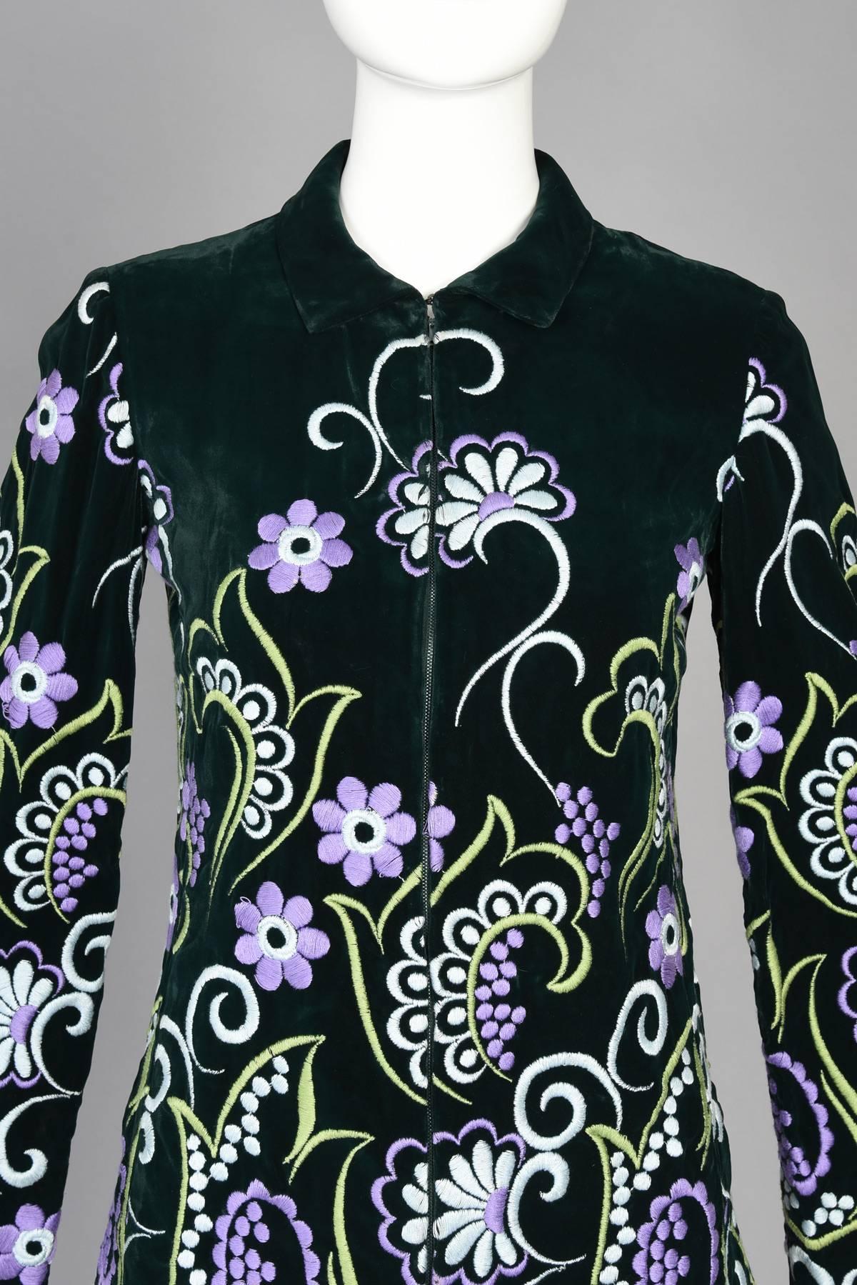 1960's Valentino Floral Embroidered Scalloped Velvet Top / Jacket In Excellent Condition In Yucca Valley, CA
