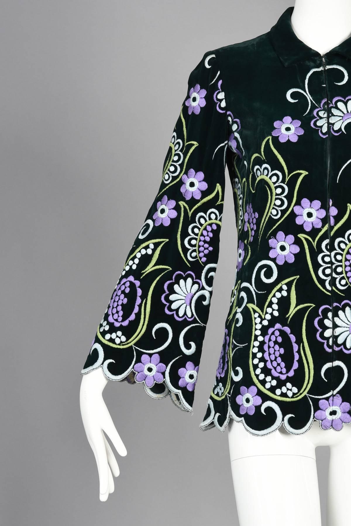 Women's 1960's Valentino Floral Embroidered Scalloped Velvet Top / Jacket