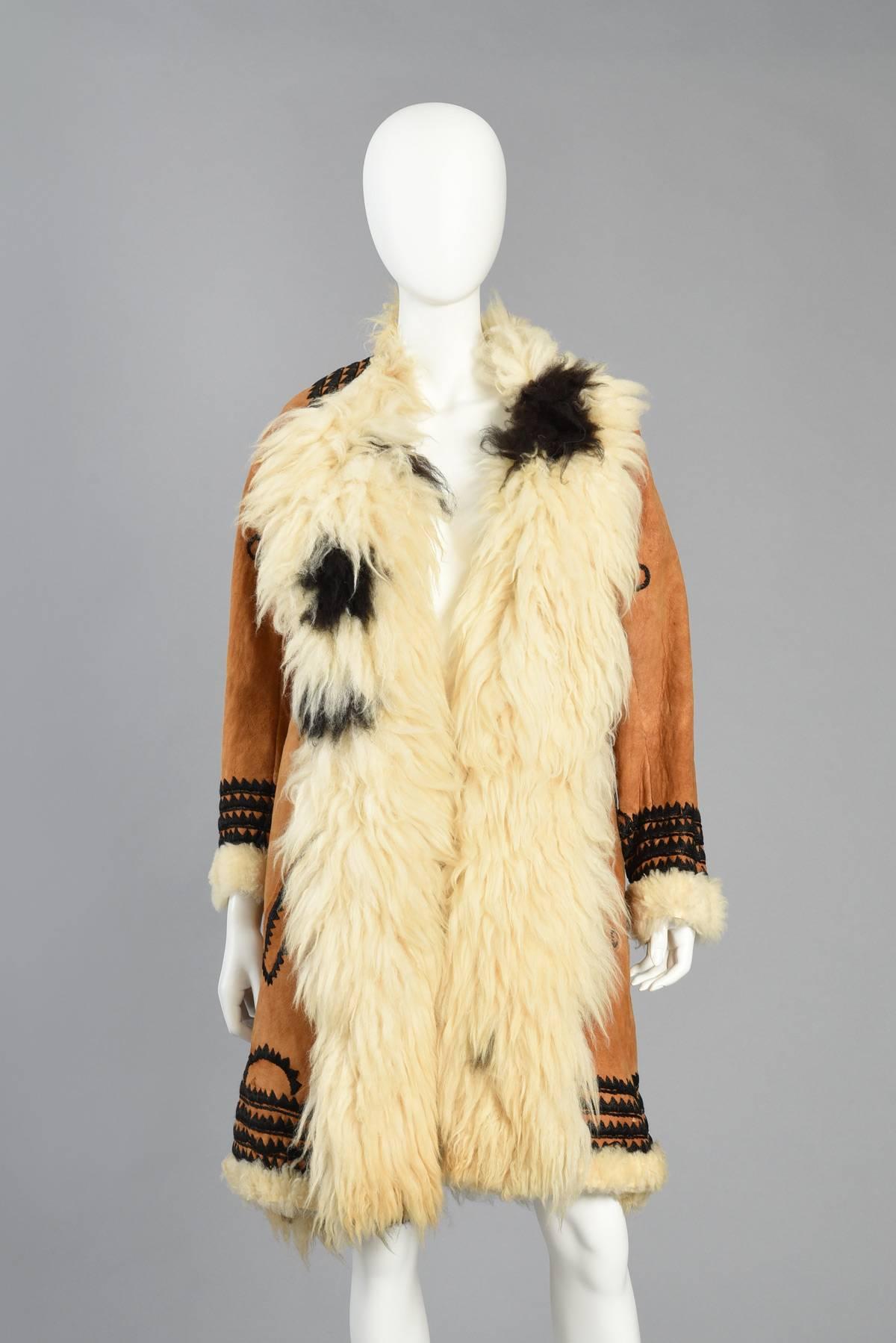 Incredible 1970s Embroidered Shearling + Suede Coat In Excellent Condition In Yucca Valley, CA