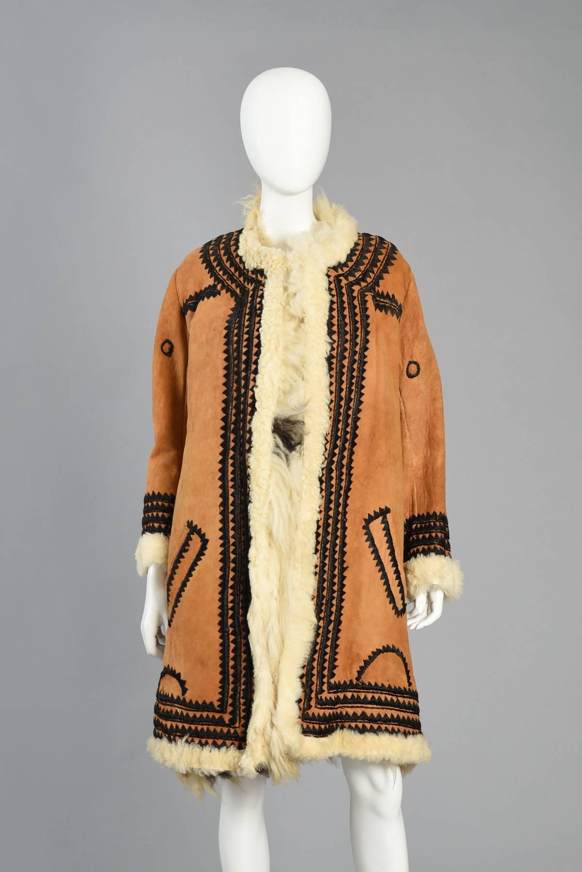 Incredible 1970s Embroidered Shearling + Suede Coat 1