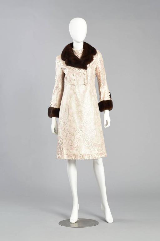 Pale Pink Brocade Dres and Coat with Mink Fur Trim at 1stDibs