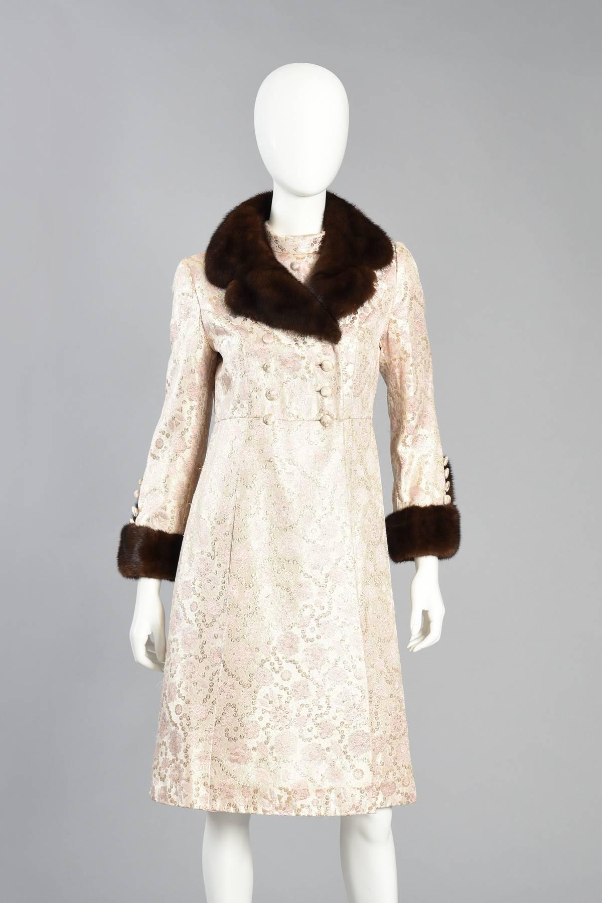 Pale Pink Brocade Dres & Coat with Mink Fur Trim In Excellent Condition In Yucca Valley, CA