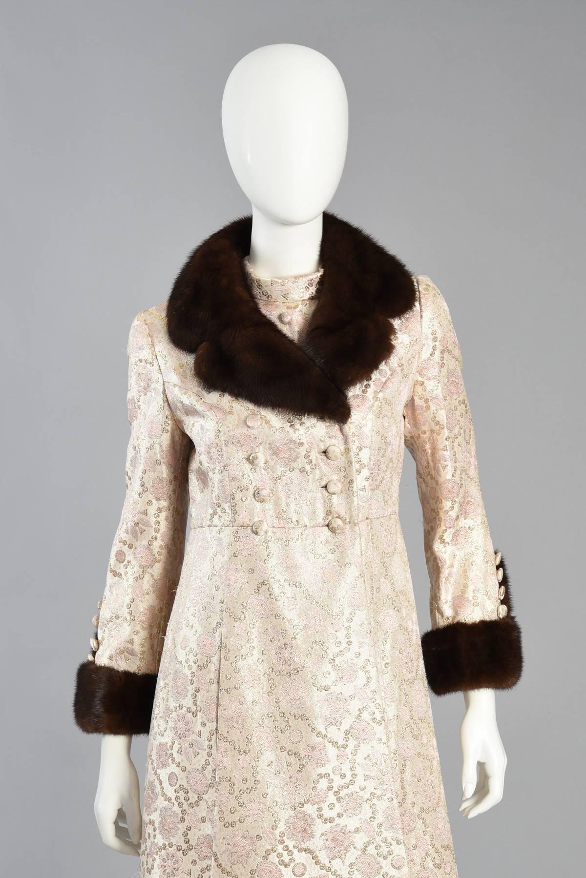 Women's Pale Pink Brocade Dres & Coat with Mink Fur Trim