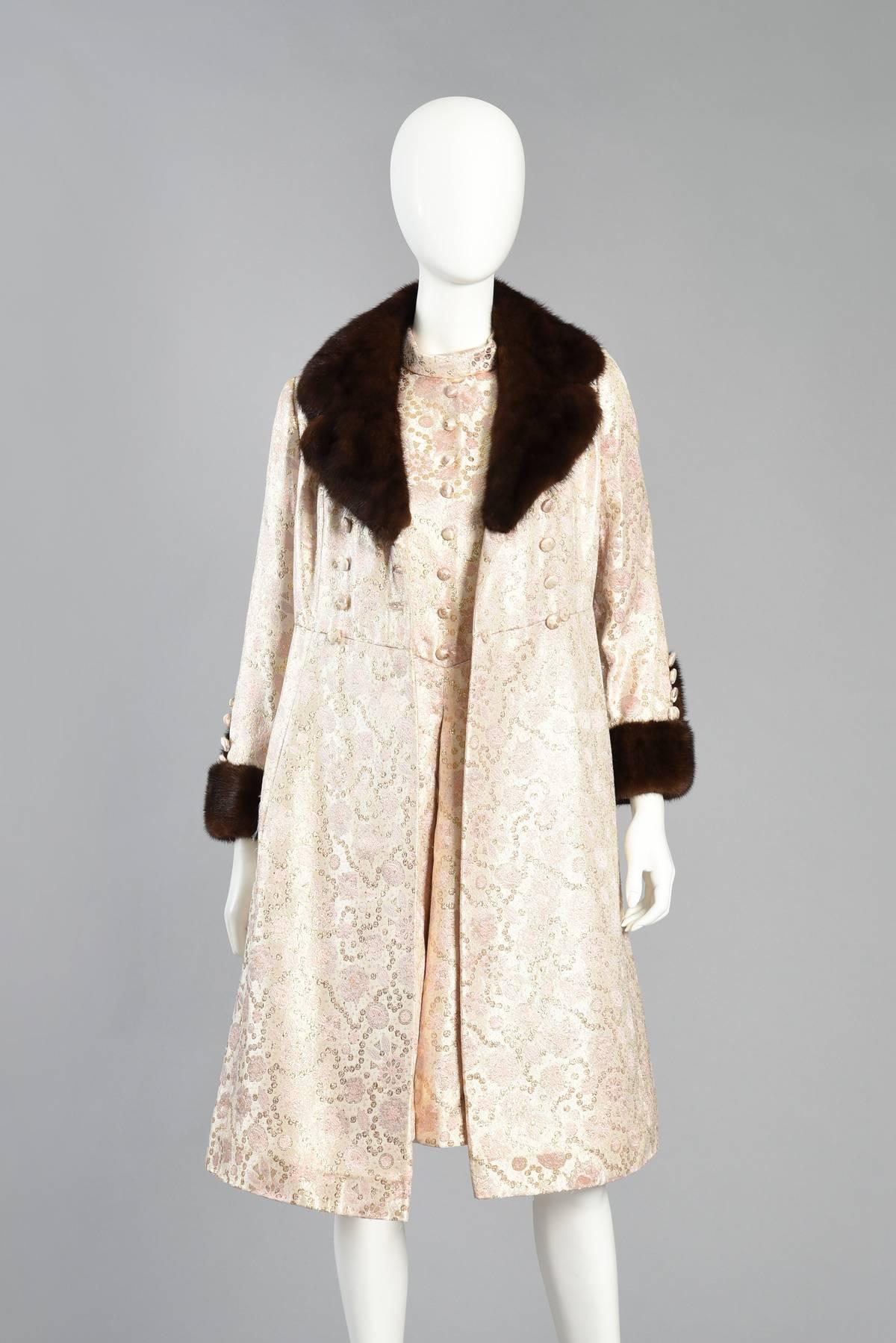 Pale Pink Brocade Dres & Coat with Mink Fur Trim 2