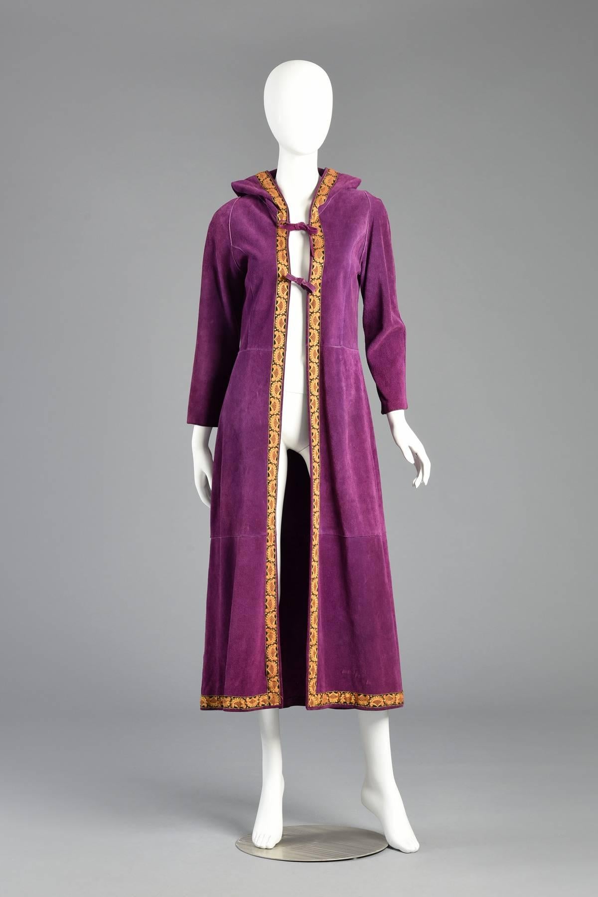 1960s Bohemian Purple Suede Hooded Jacket with Tapestry Trim In Excellent Condition For Sale In Yucca Valley, CA