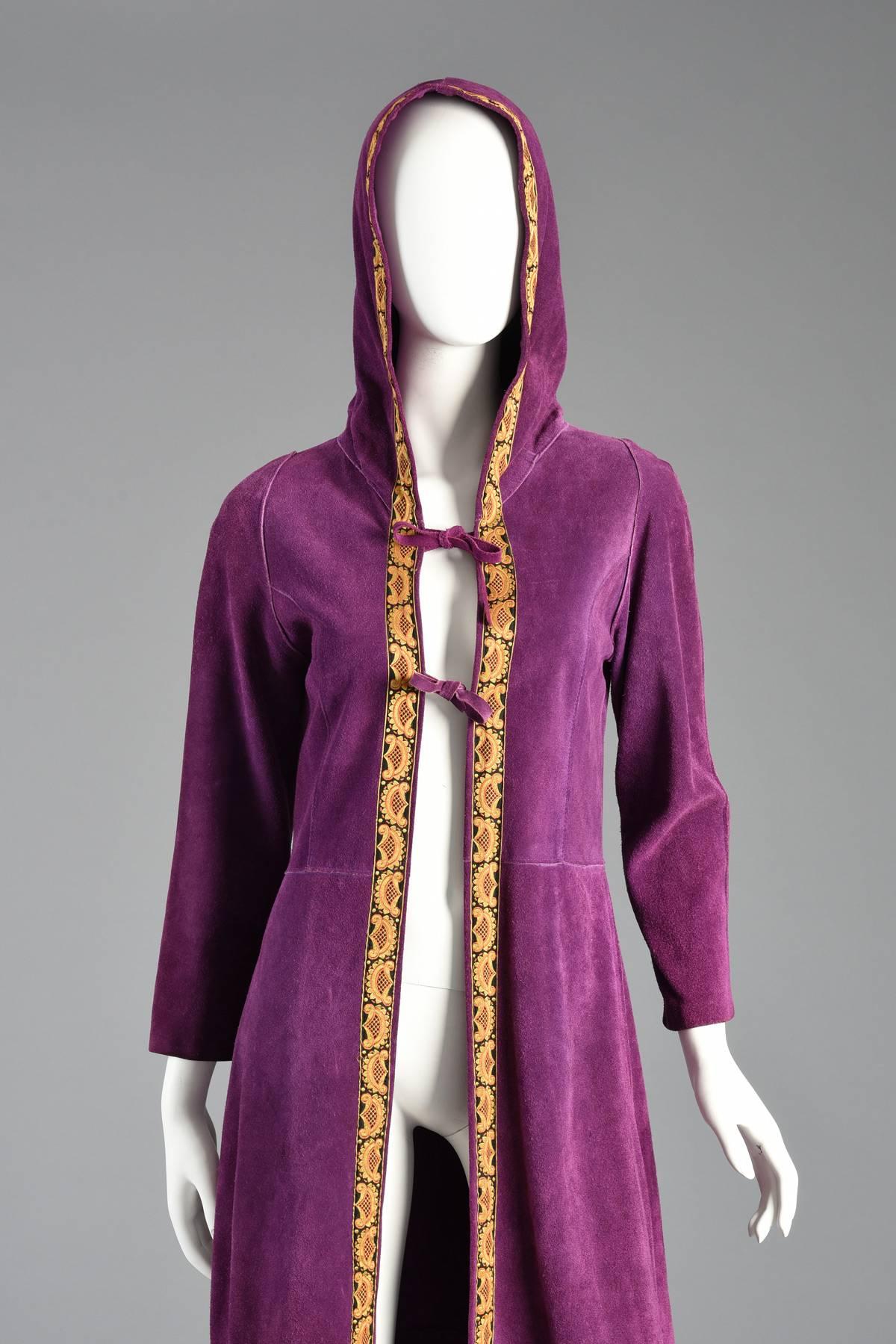 Women's 1960s Bohemian Purple Suede Hooded Jacket with Tapestry Trim For Sale