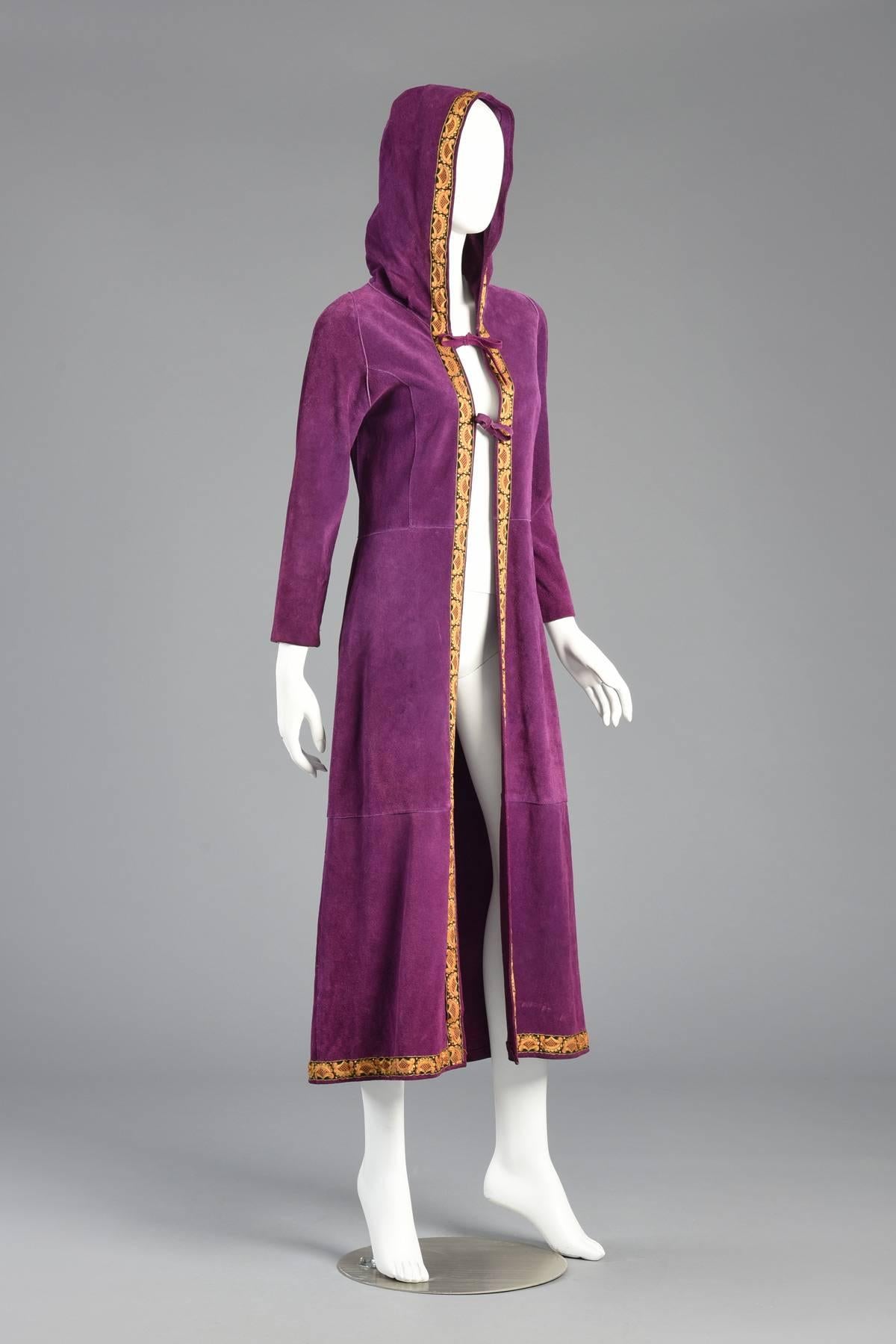 1960s Bohemian Purple Suede Hooded Jacket with Tapestry Trim For Sale 1