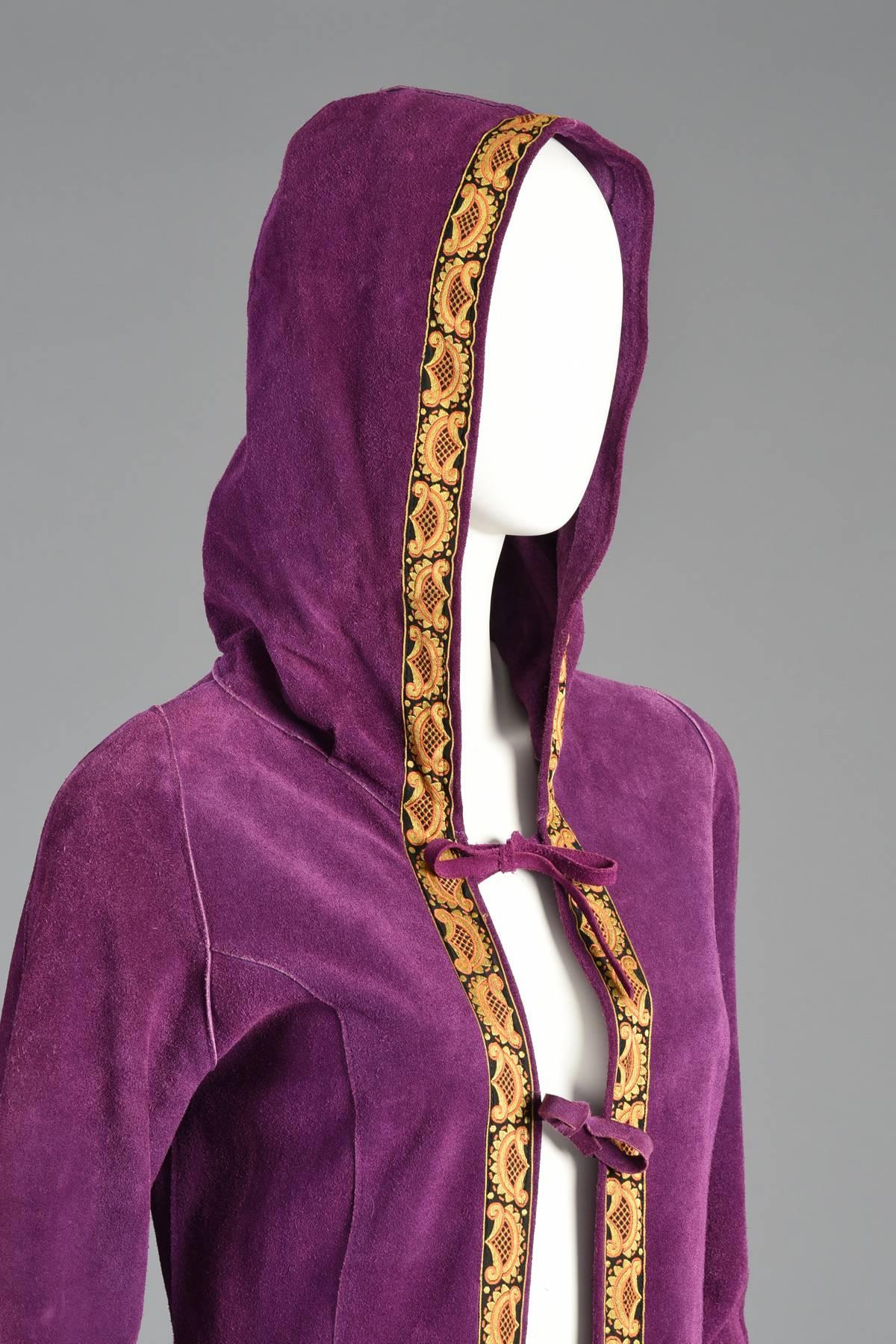 1960s Bohemian Purple Suede Hooded Jacket with Tapestry Trim For Sale 2