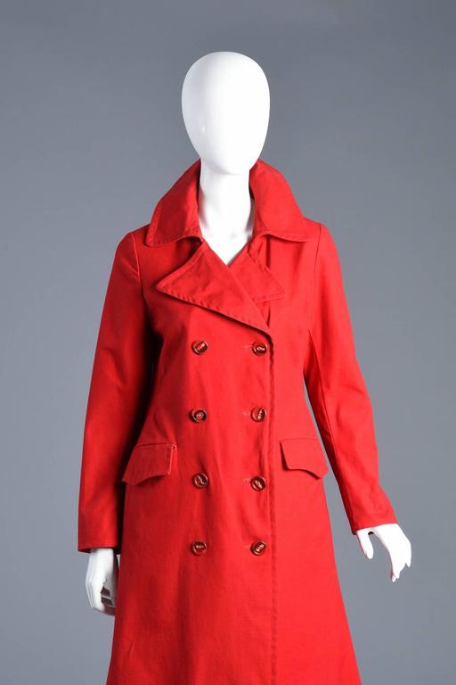 Supermodel Length 1970s Cherry Red Flared Trench Coat For Sale at 1stDibs