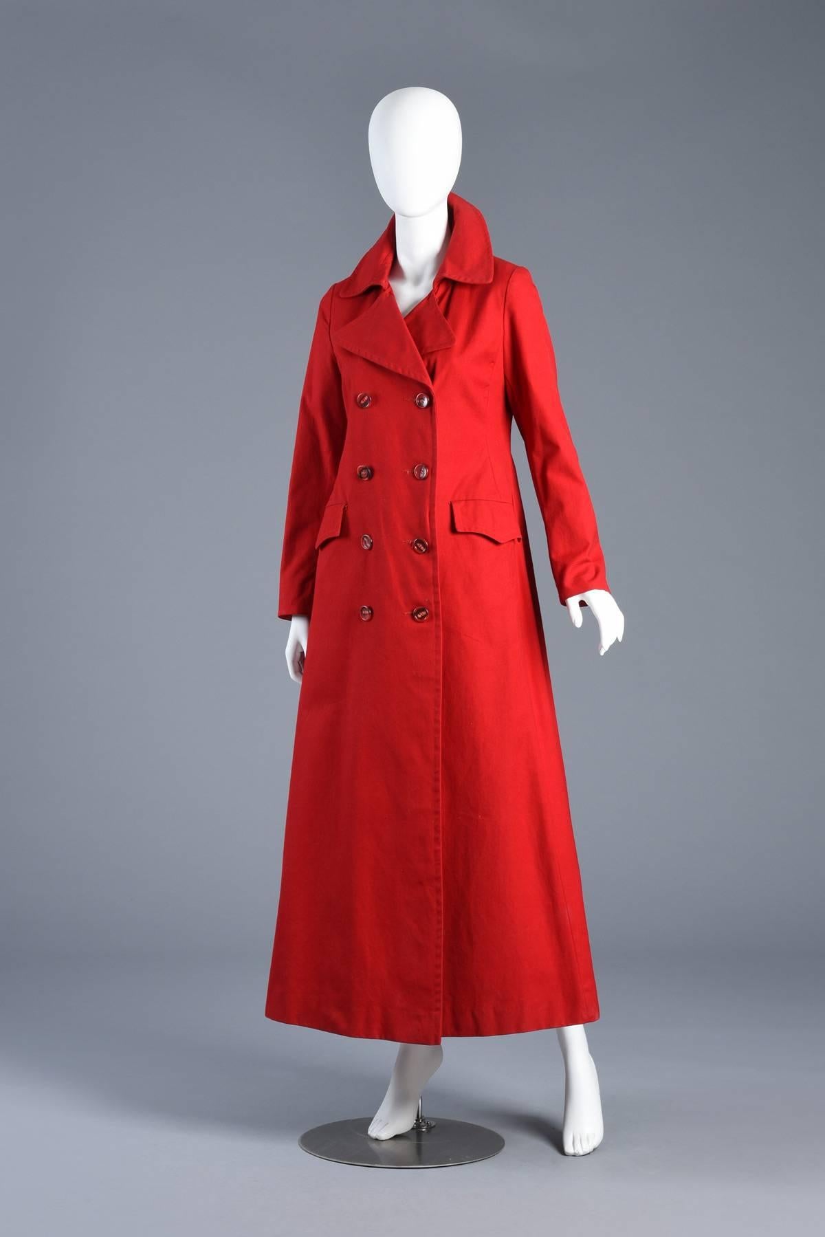 Supermodel Length 1970s Cherry Red Flared Trench Coat For Sale 1