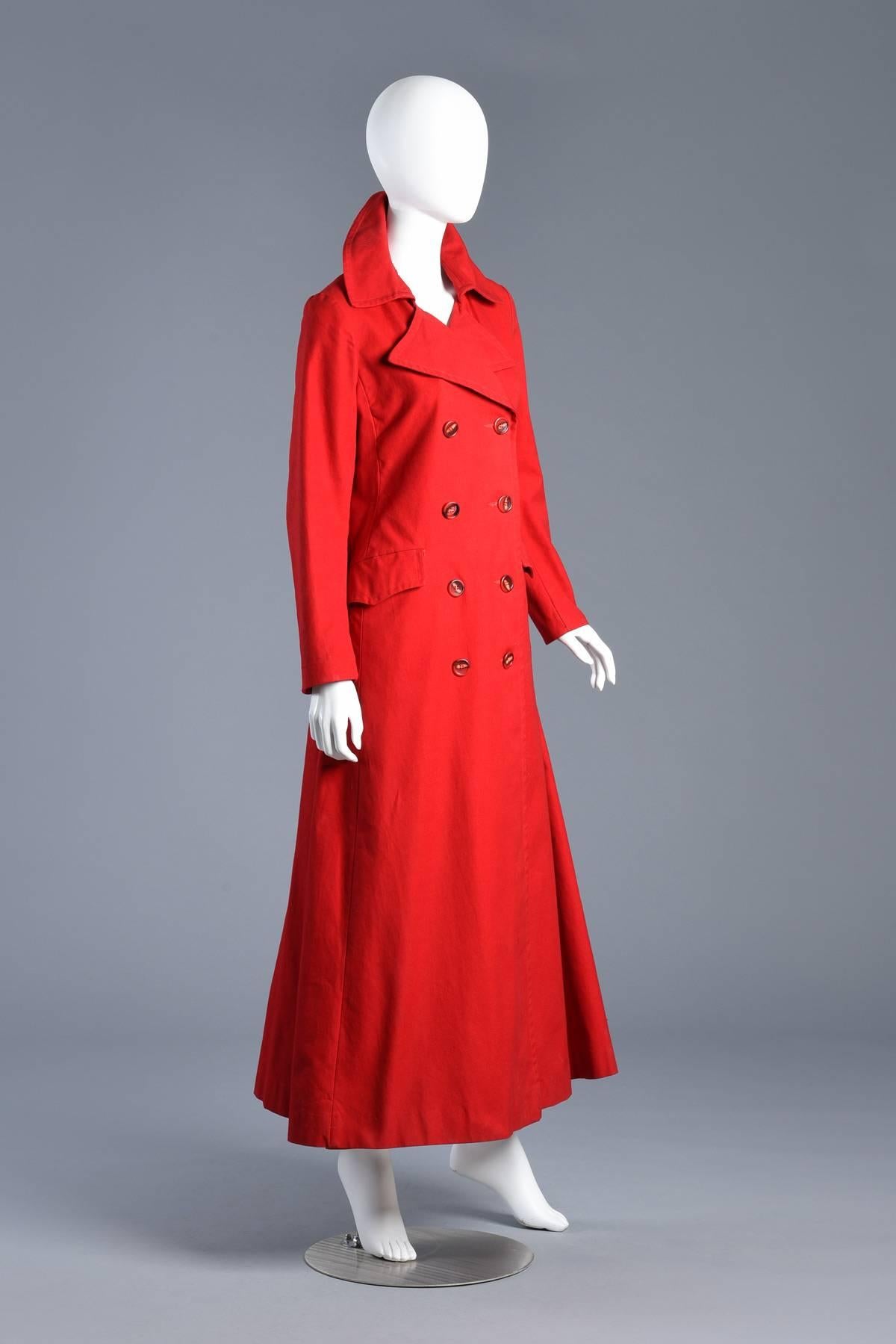 Supermodel Length 1970s Cherry Red Flared Trench Coat For Sale 2