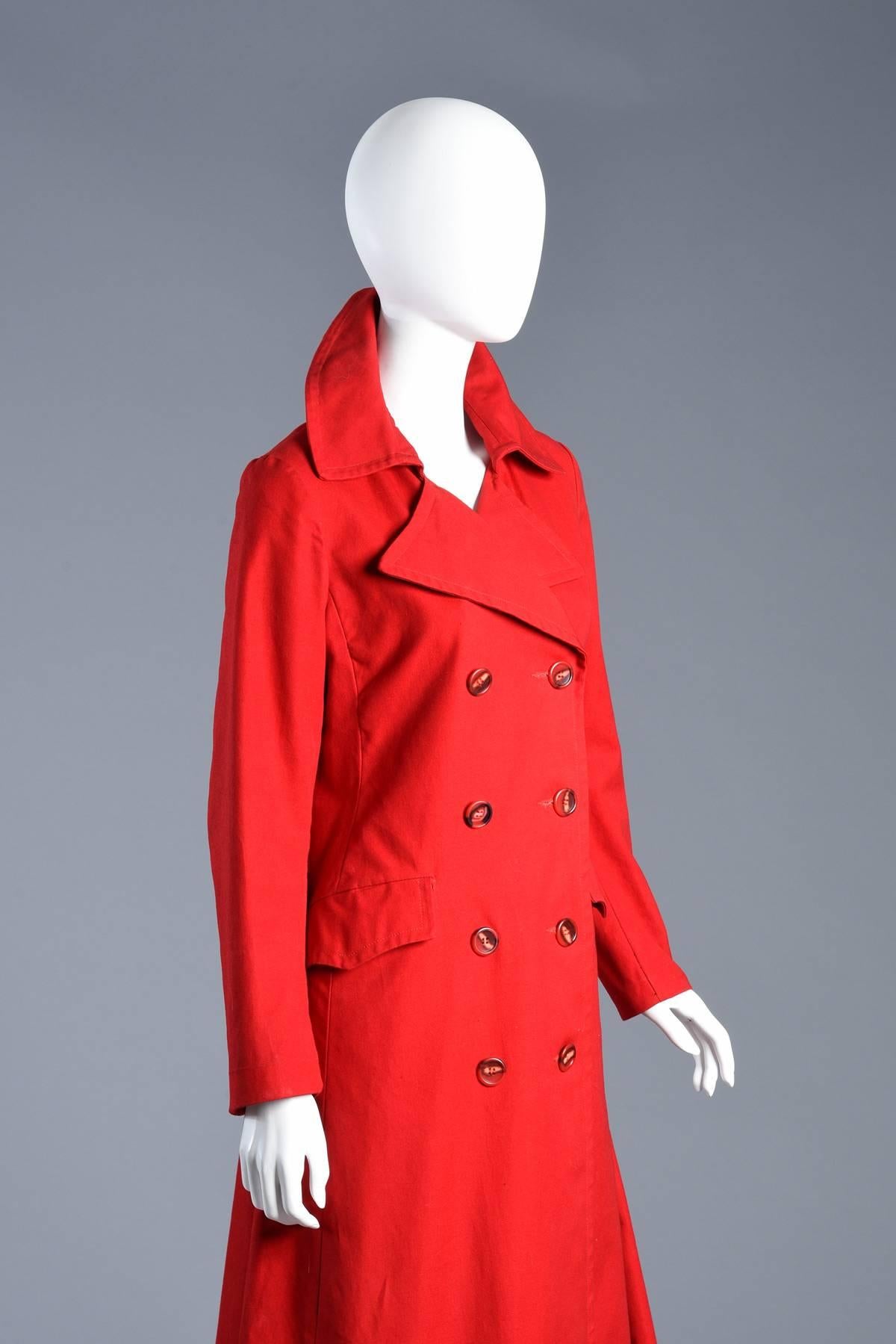 Supermodel Length 1970s Cherry Red Flared Trench Coat For Sale 3