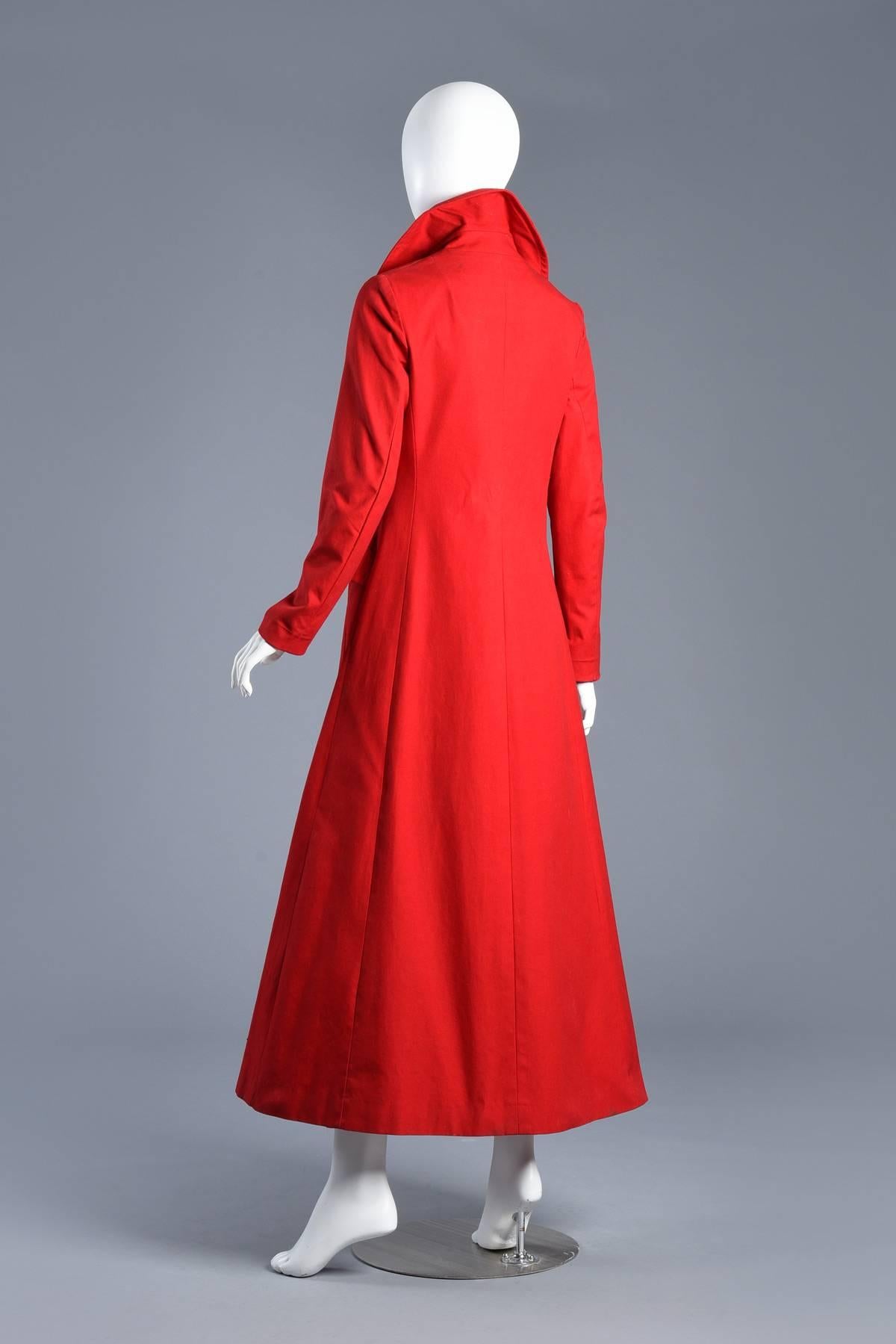 Supermodel Length 1970s Cherry Red Flared Trench Coat For Sale 4