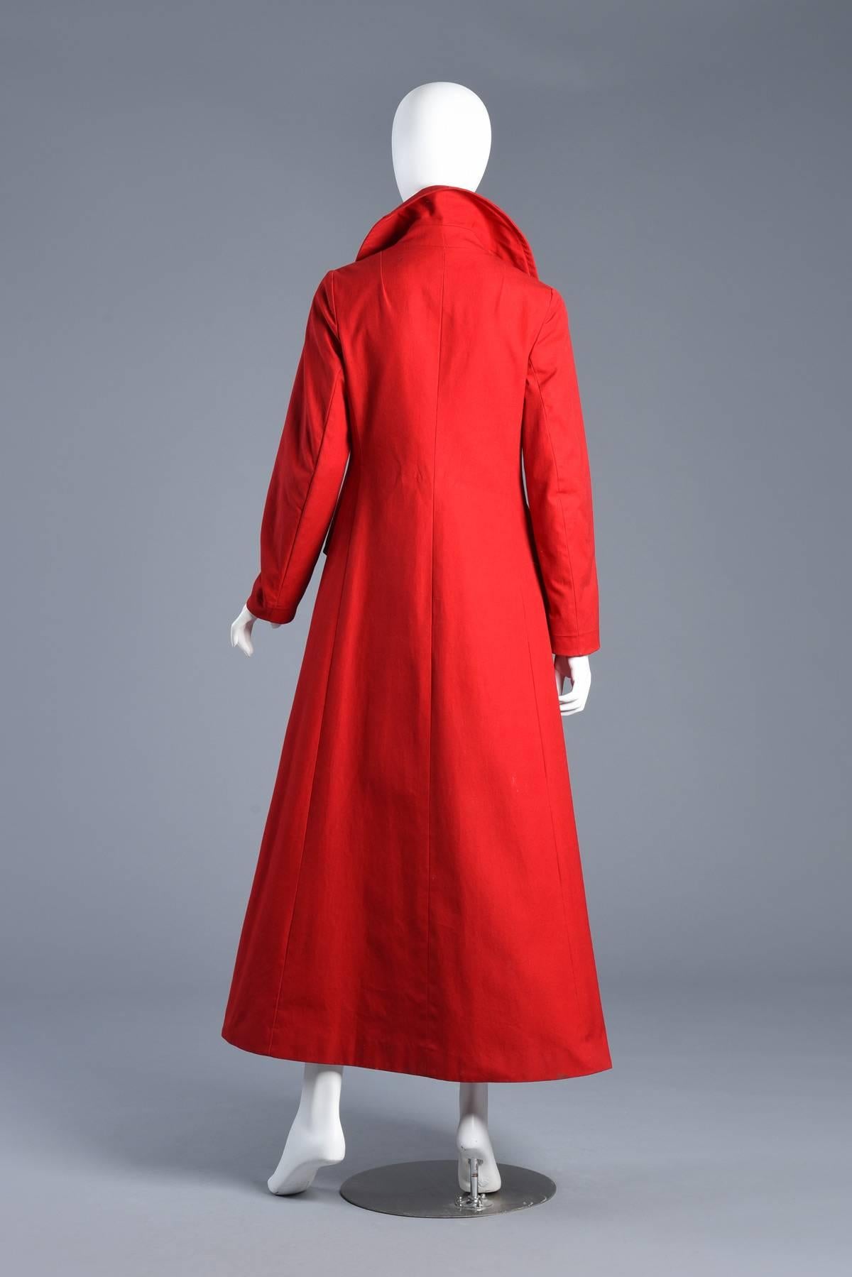 Supermodel Length 1970s Cherry Red Flared Trench Coat For Sale 5