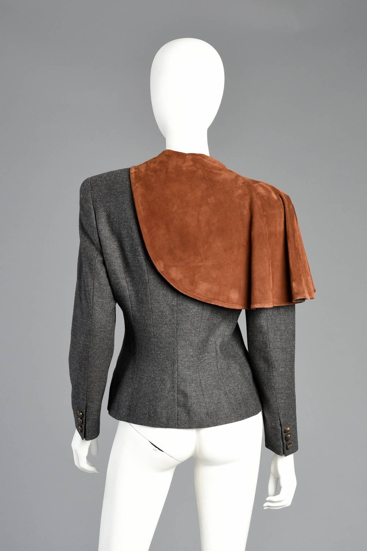 Incredible Gucci Charcoal Wool + Suede Avant Garde Blazer Jacket For Sale 4