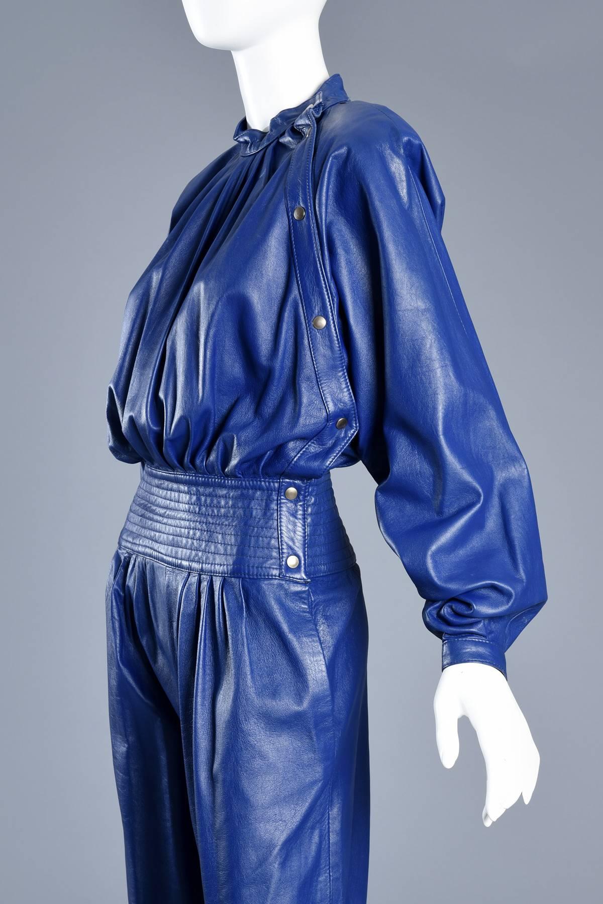 Killer 1980s Avant Garde Indigo Leather Jumpsuit In Excellent Condition In Yucca Valley, CA