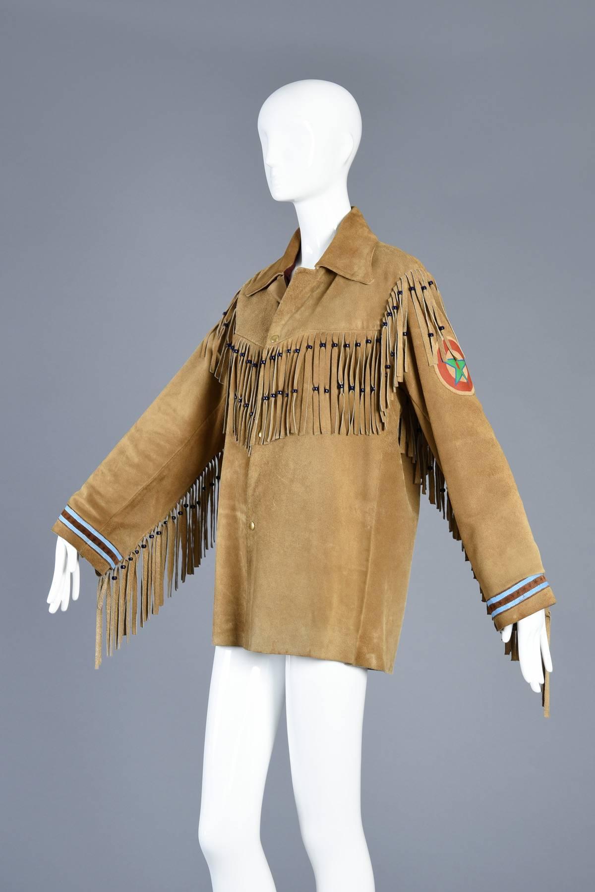 Women's or Men's One of a Kind 1960s Hand Painted Rainbow Suede Jacket with Fringe