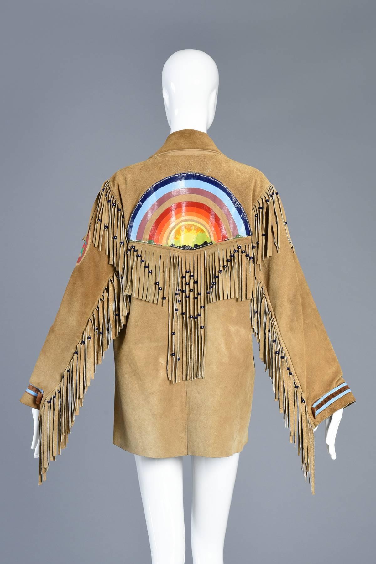 One of a Kind 1960s Hand Painted Rainbow Suede Jacket with Fringe 5
