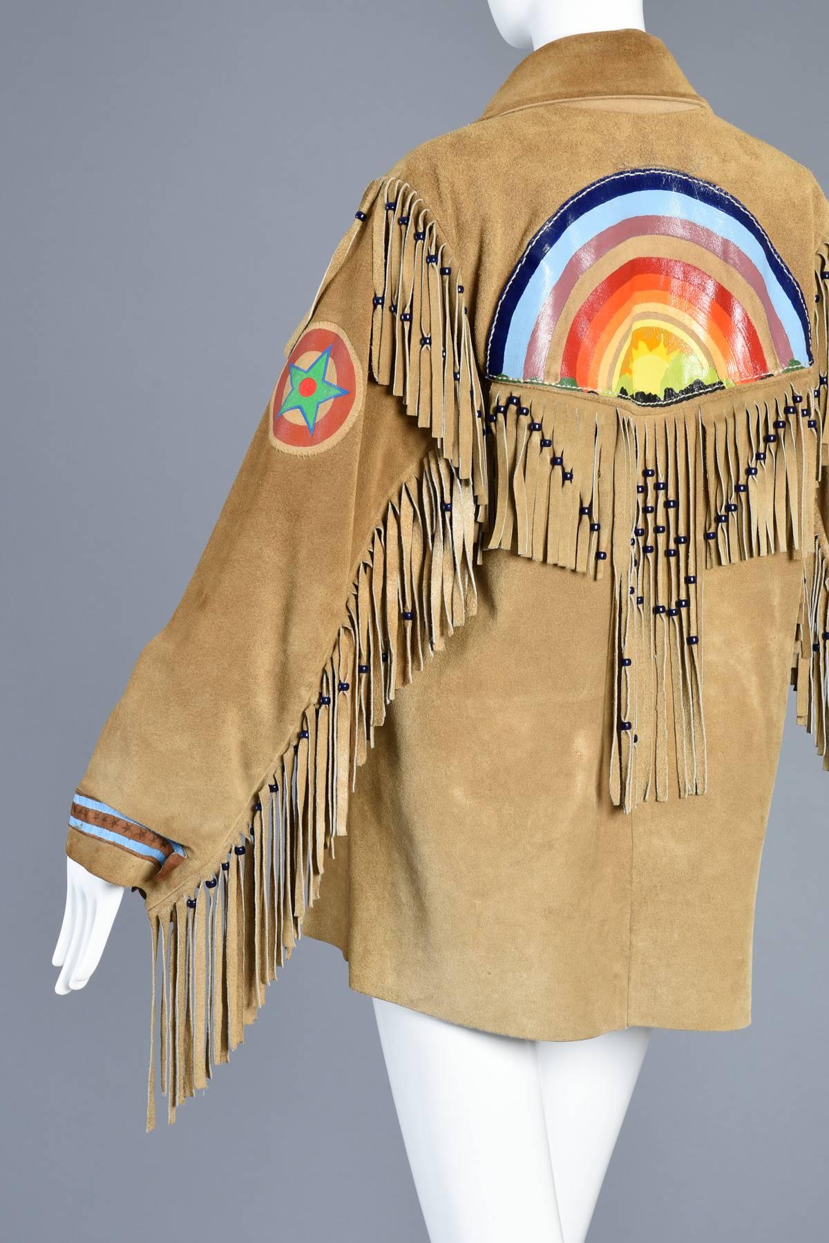 One of a Kind 1960s Hand Painted Rainbow Suede Jacket with Fringe 4