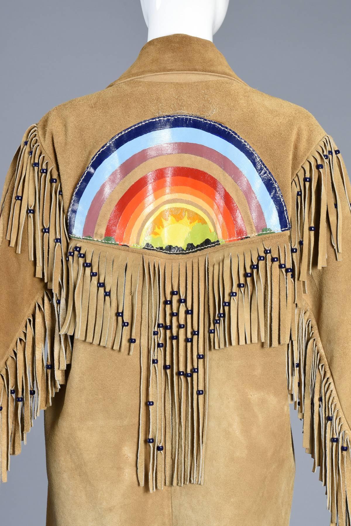 One of a Kind 1960s Hand Painted Rainbow Suede Jacket with Fringe 6