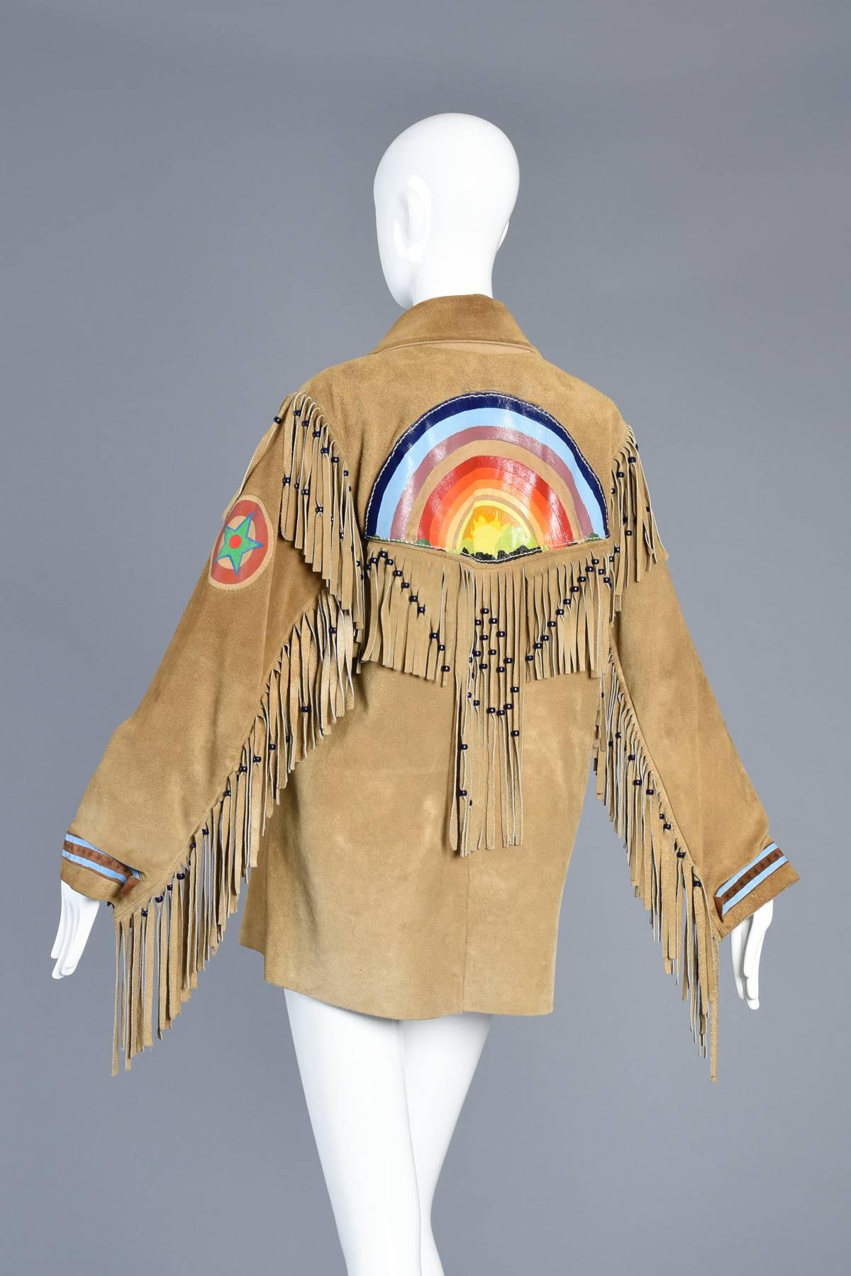 One of a Kind 1960s Hand Painted Rainbow Suede Jacket with Fringe 3