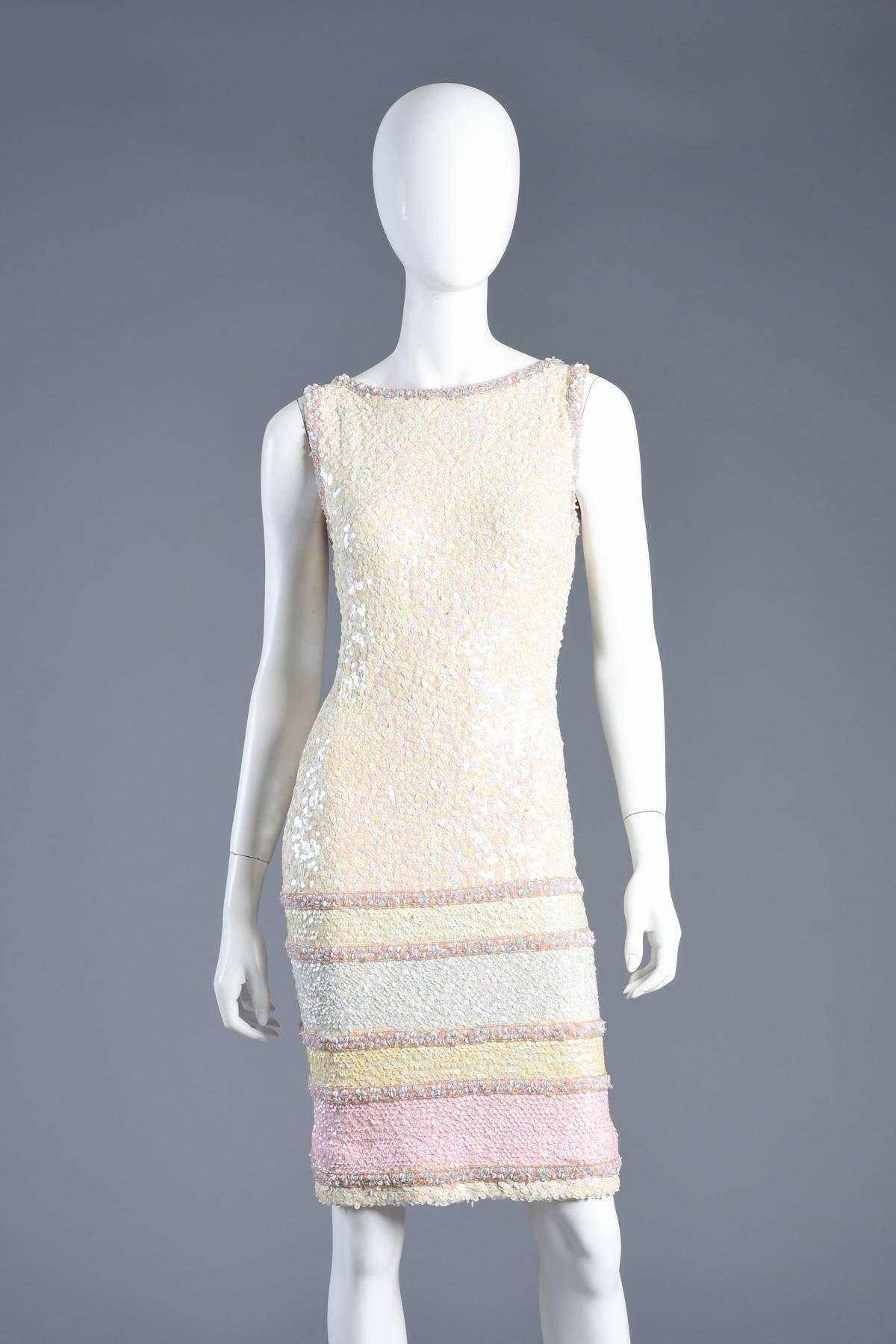 Beige Pastel Striped Sequin Encrusted Knit Wool Cocktail Dress For Sale