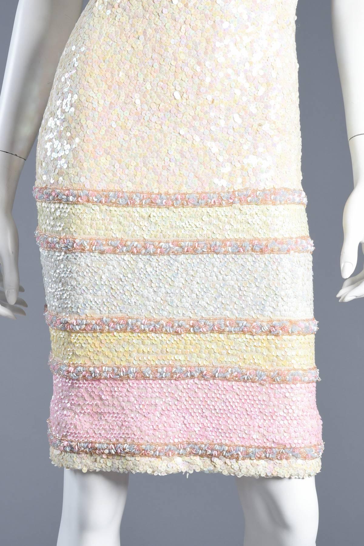 Pastel Striped Sequin Encrusted Knit Wool Cocktail Dress For Sale 1