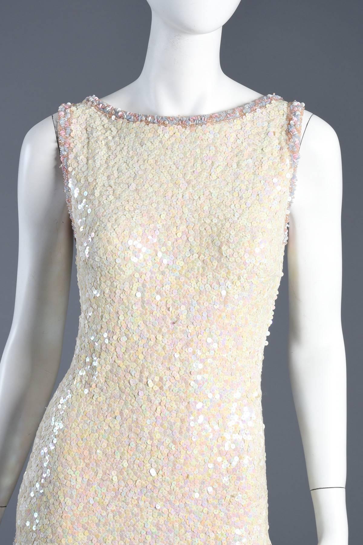 Pastel Striped Sequin Encrusted Knit Wool Cocktail Dress In Excellent Condition For Sale In Yucca Valley, CA