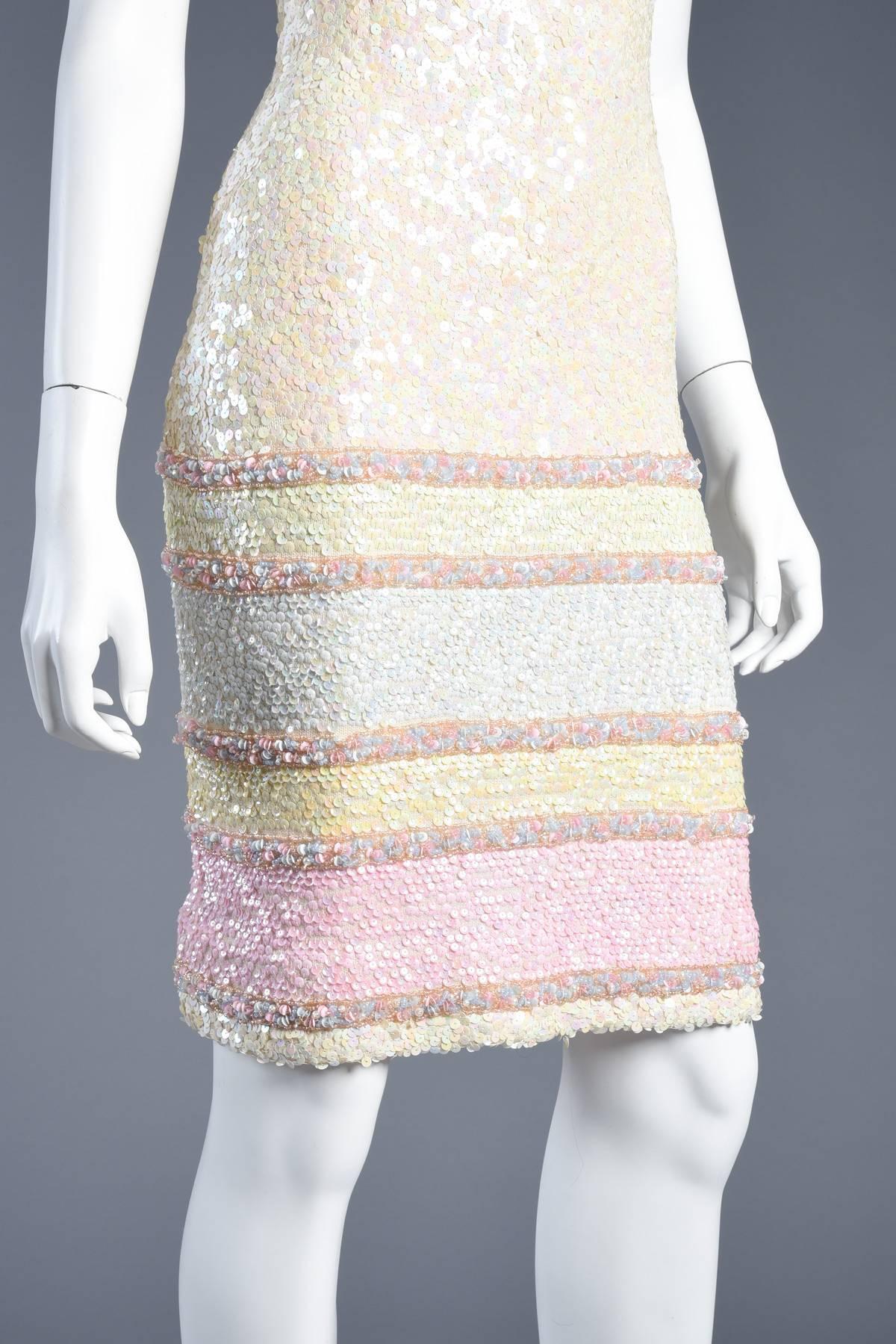 Pastel Striped Sequin Encrusted Knit Wool Cocktail Dress For Sale 4