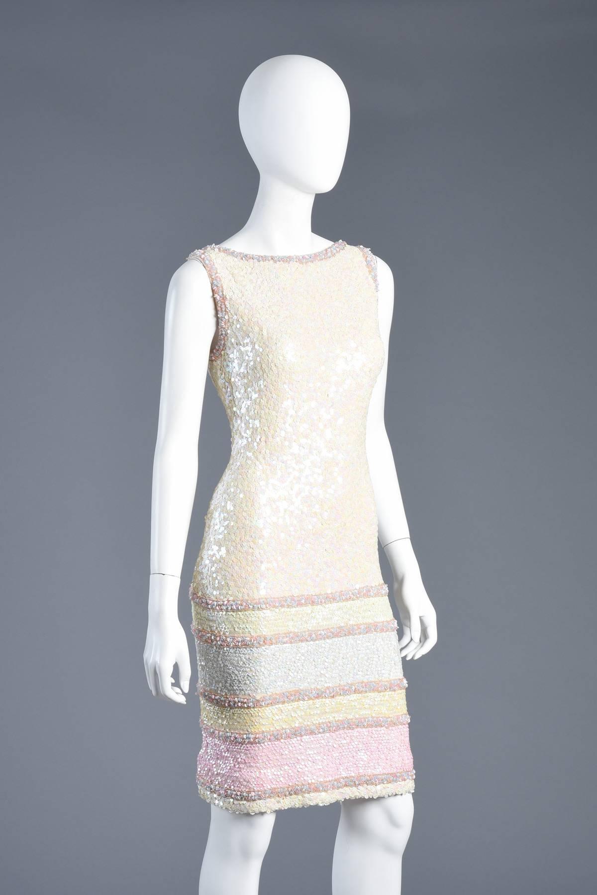Pastel Striped Sequin Encrusted Knit Wool Cocktail Dress For Sale 3