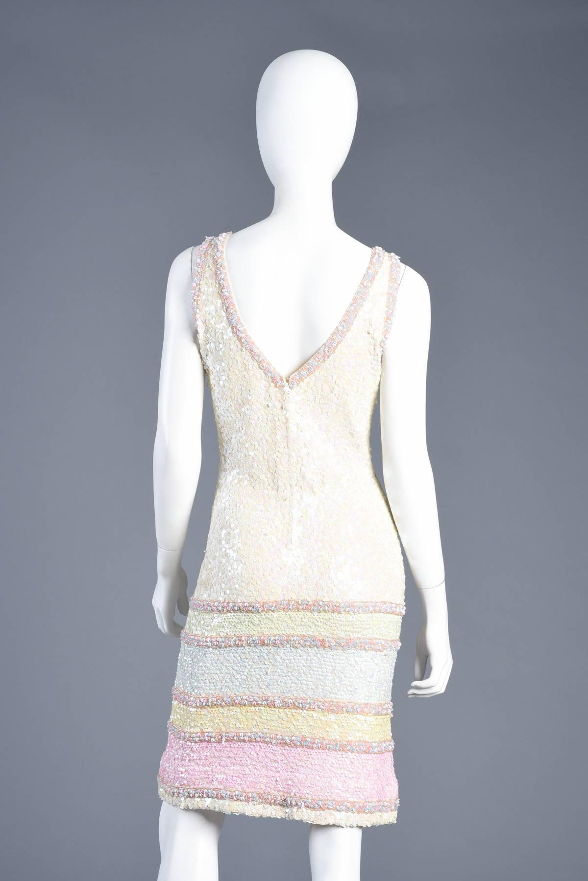 Pastel Striped Sequin Encrusted Knit Wool Cocktail Dress For Sale 5