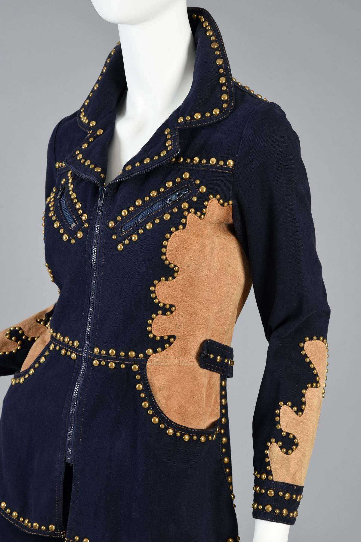 1970s Roncelli Studded Leather + Denim Suit For Sale 2