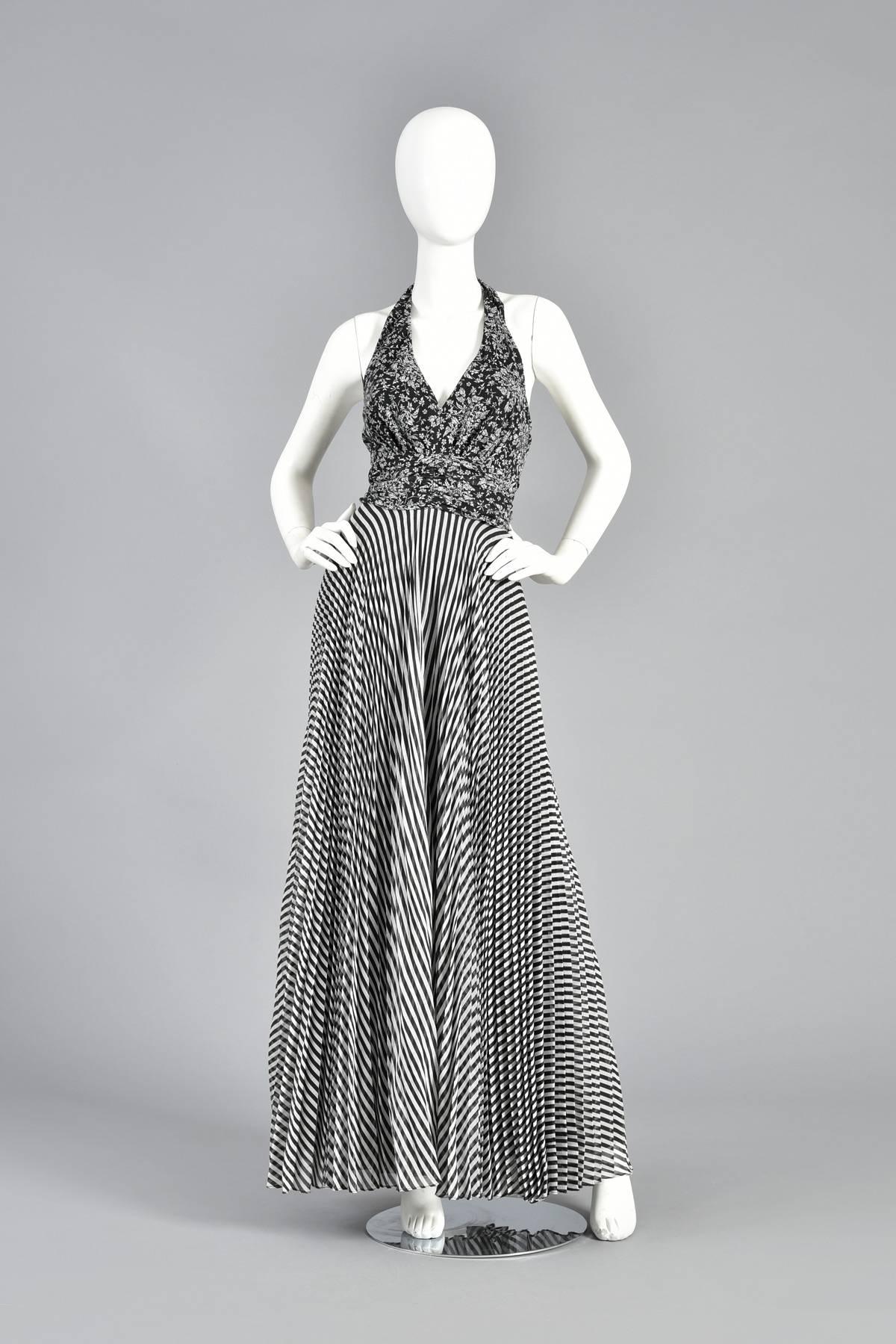 Gray 1970s Black & White Graphic Op Art  Floral & Striped Gauze Maxi Dress For Sale