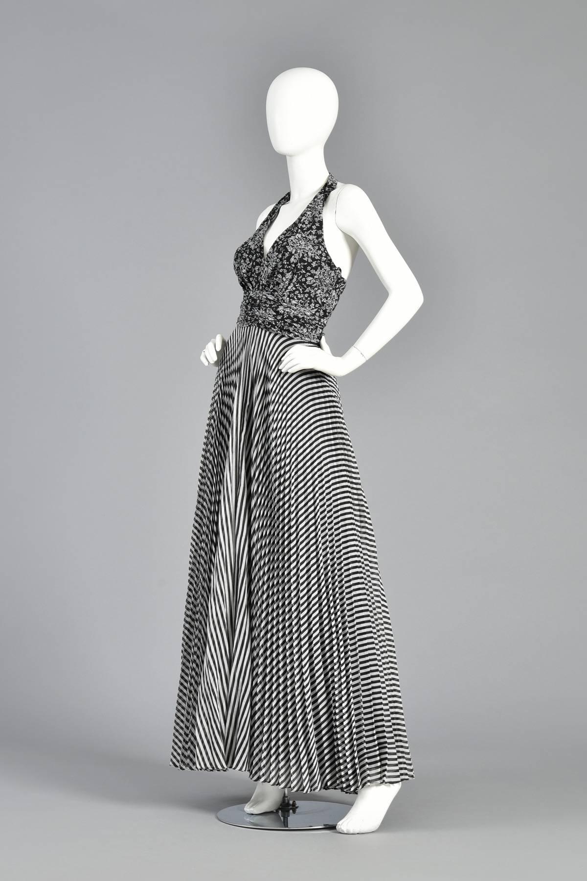 1970s Black & White Graphic Op Art  Floral & Striped Gauze Maxi Dress For Sale 1