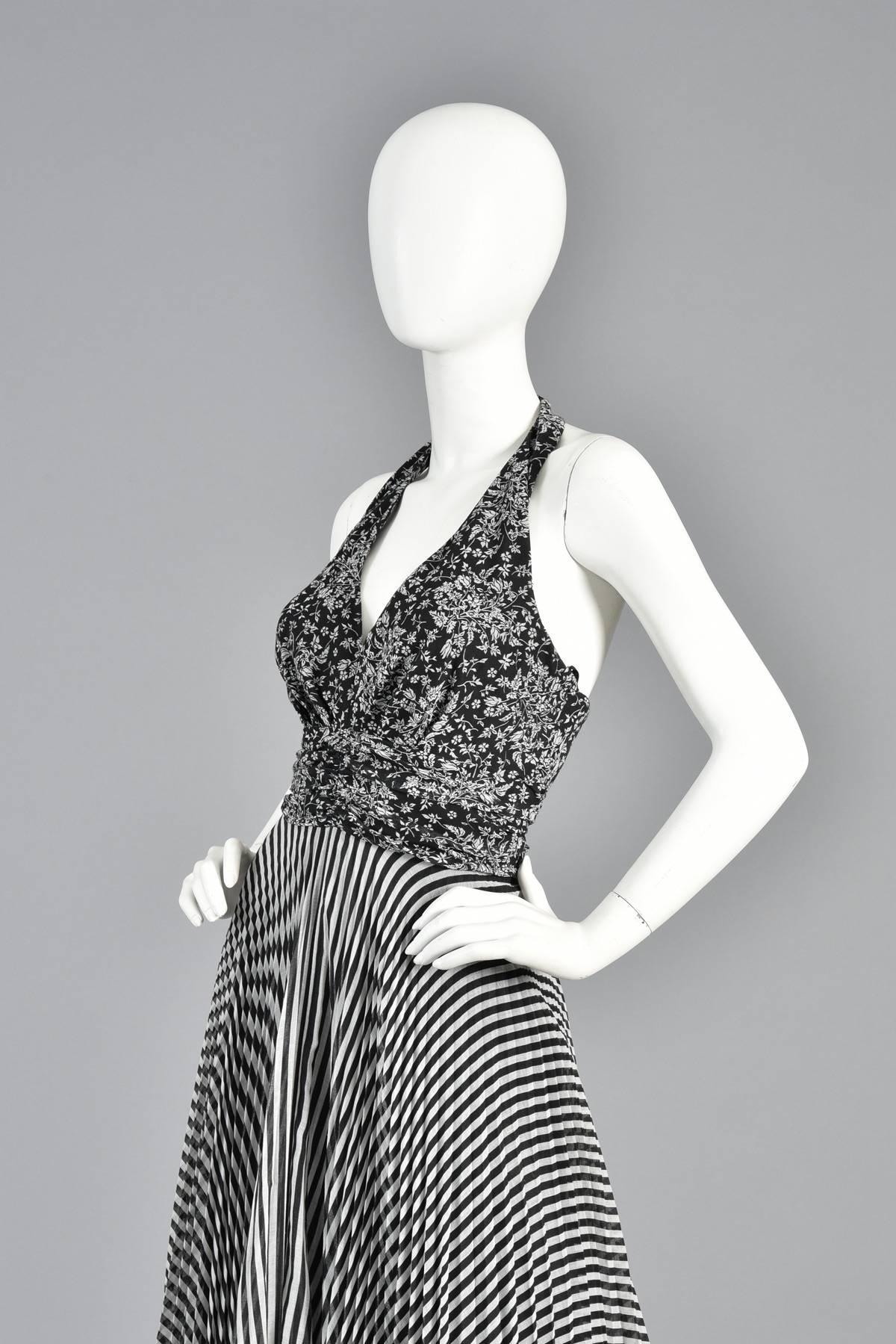 Women's 1970s Black & White Graphic Op Art  Floral & Striped Gauze Maxi Dress For Sale