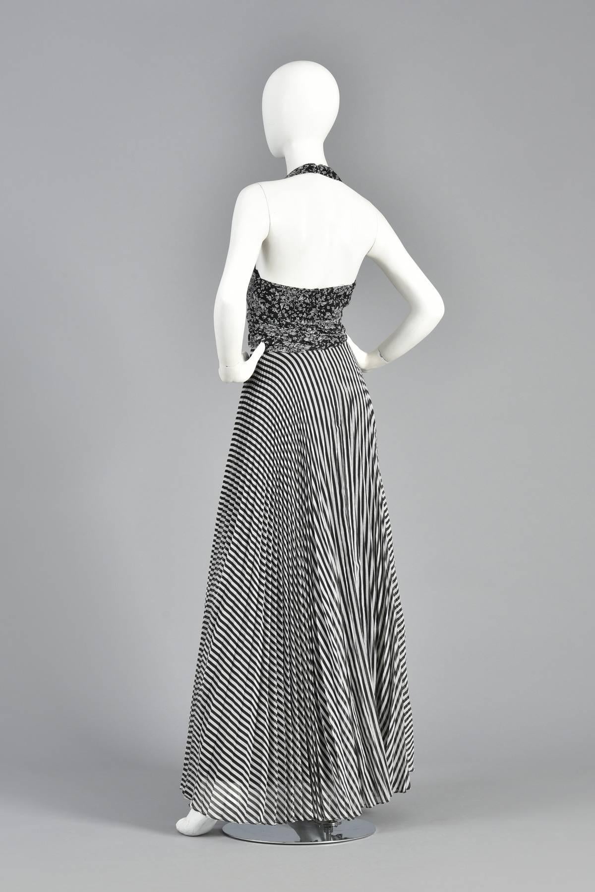 1970s Black & White Graphic Op Art  Floral & Striped Gauze Maxi Dress For Sale 4