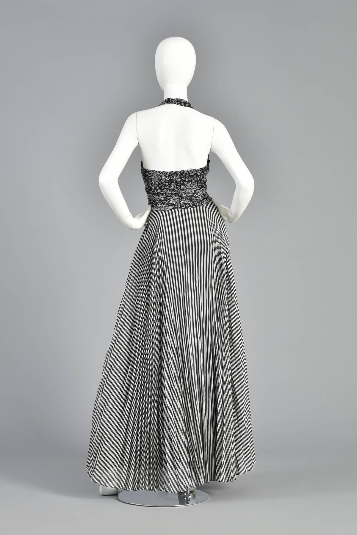 1970s Black & White Graphic Op Art  Floral & Striped Gauze Maxi Dress For Sale 5