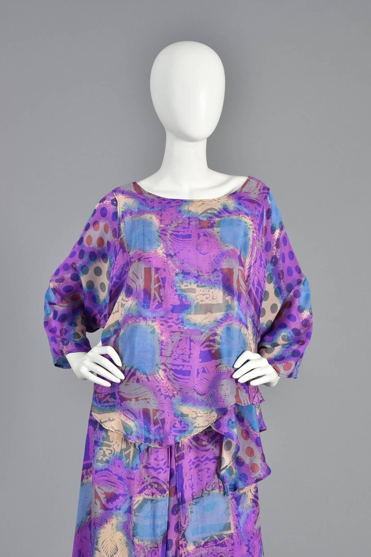 Purple Asymmetrical Draped Graphic Silk Dress Ensemble For Sale