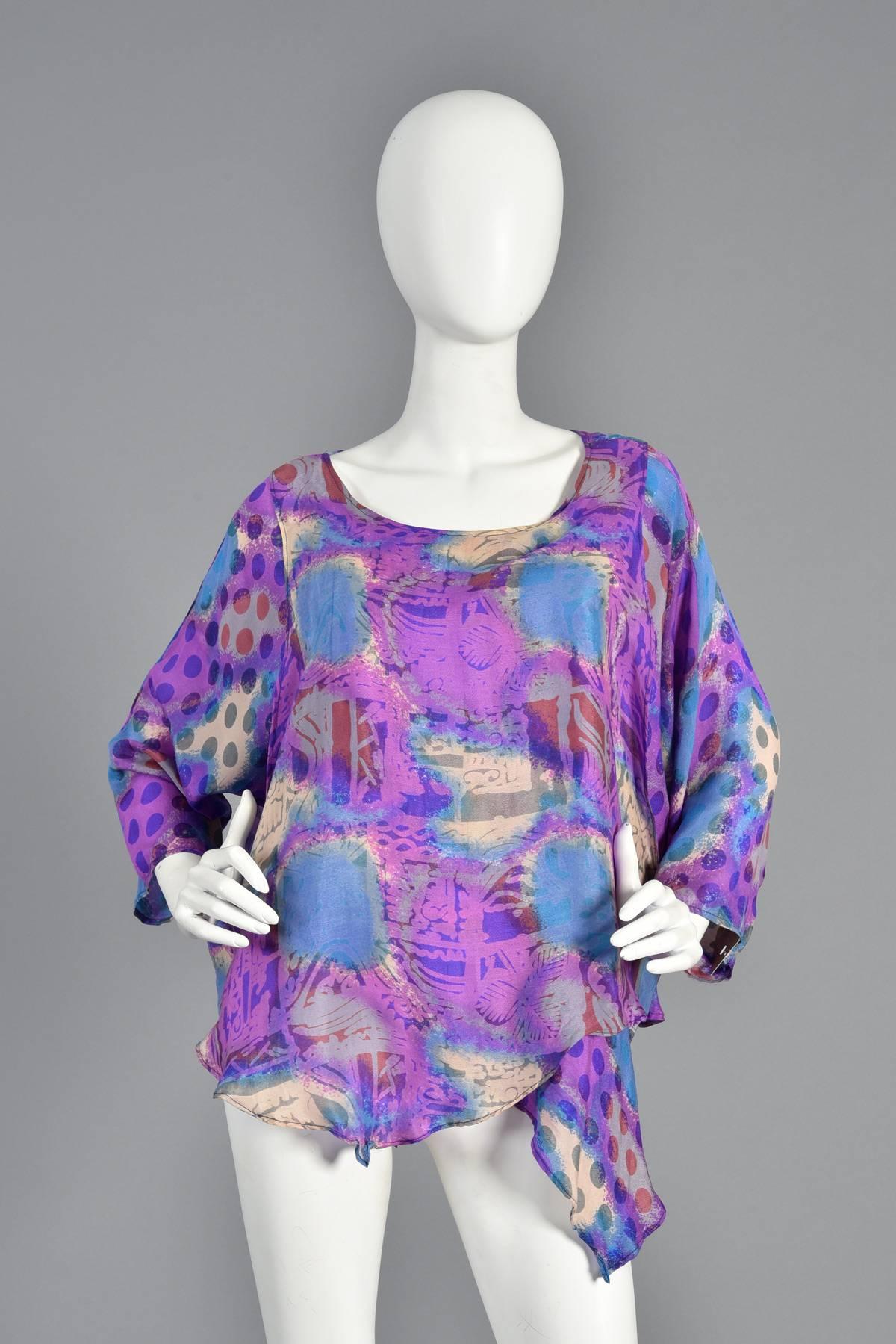 Asymmetrical Draped Graphic Silk Dress Ensemble In Excellent Condition For Sale In Yucca Valley, CA