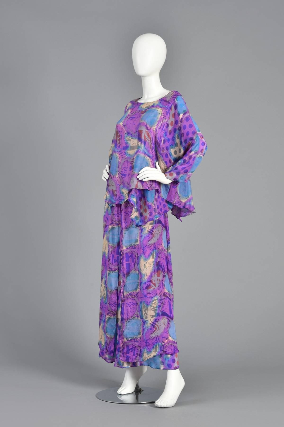Asymmetrical Draped Graphic Silk Dress Ensemble For Sale 1