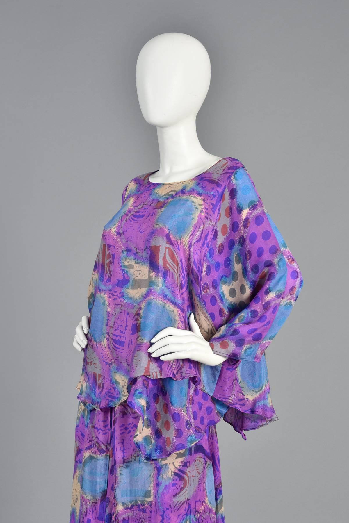 Asymmetrical Draped Graphic Silk Dress Ensemble For Sale 2