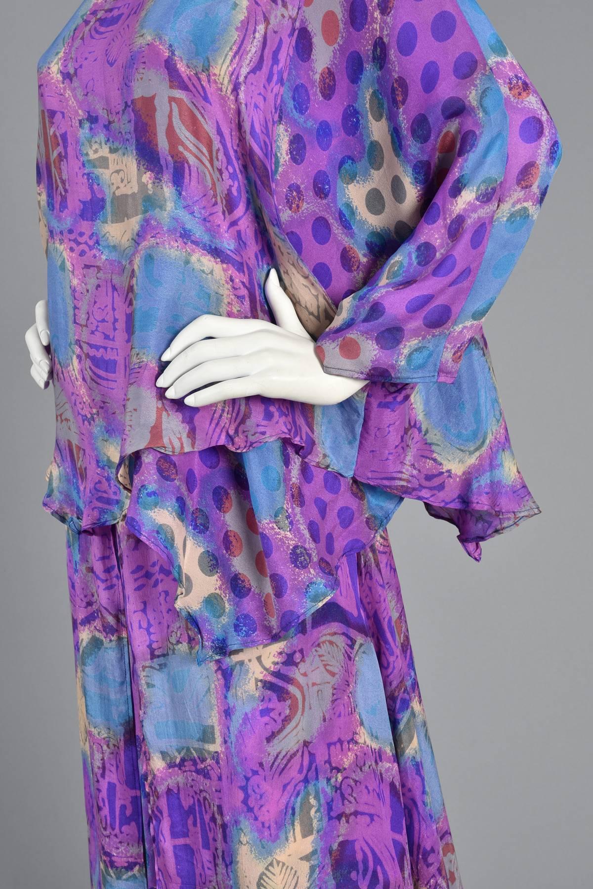 Asymmetrical Draped Graphic Silk Dress Ensemble For Sale 3